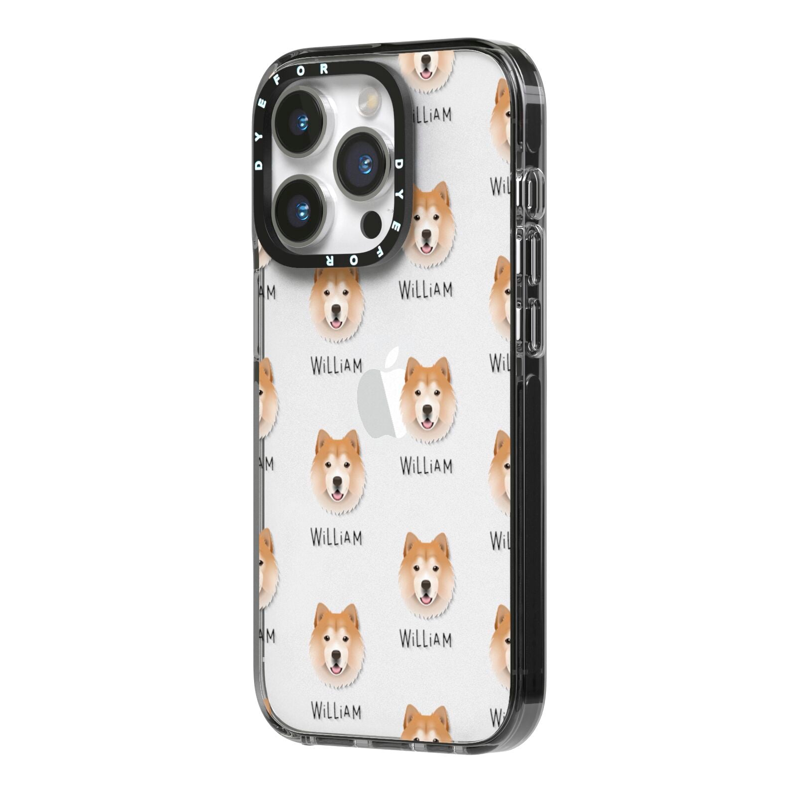 Chusky Icon with Name iPhone 14 Pro Black Impact Case Side Angle on Silver phone