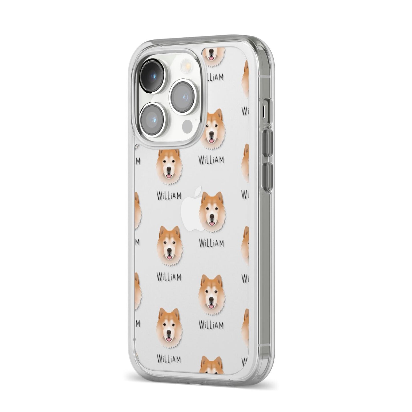 Chusky Icon with Name iPhone 14 Pro Clear Tough Case Silver Angled Image