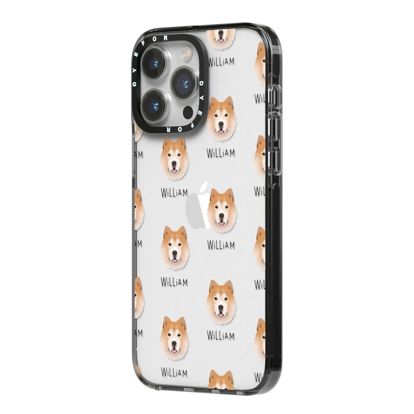 Chusky Icon with Name iPhone 14 Pro Max Black Impact Case Side Angle on Silver phone