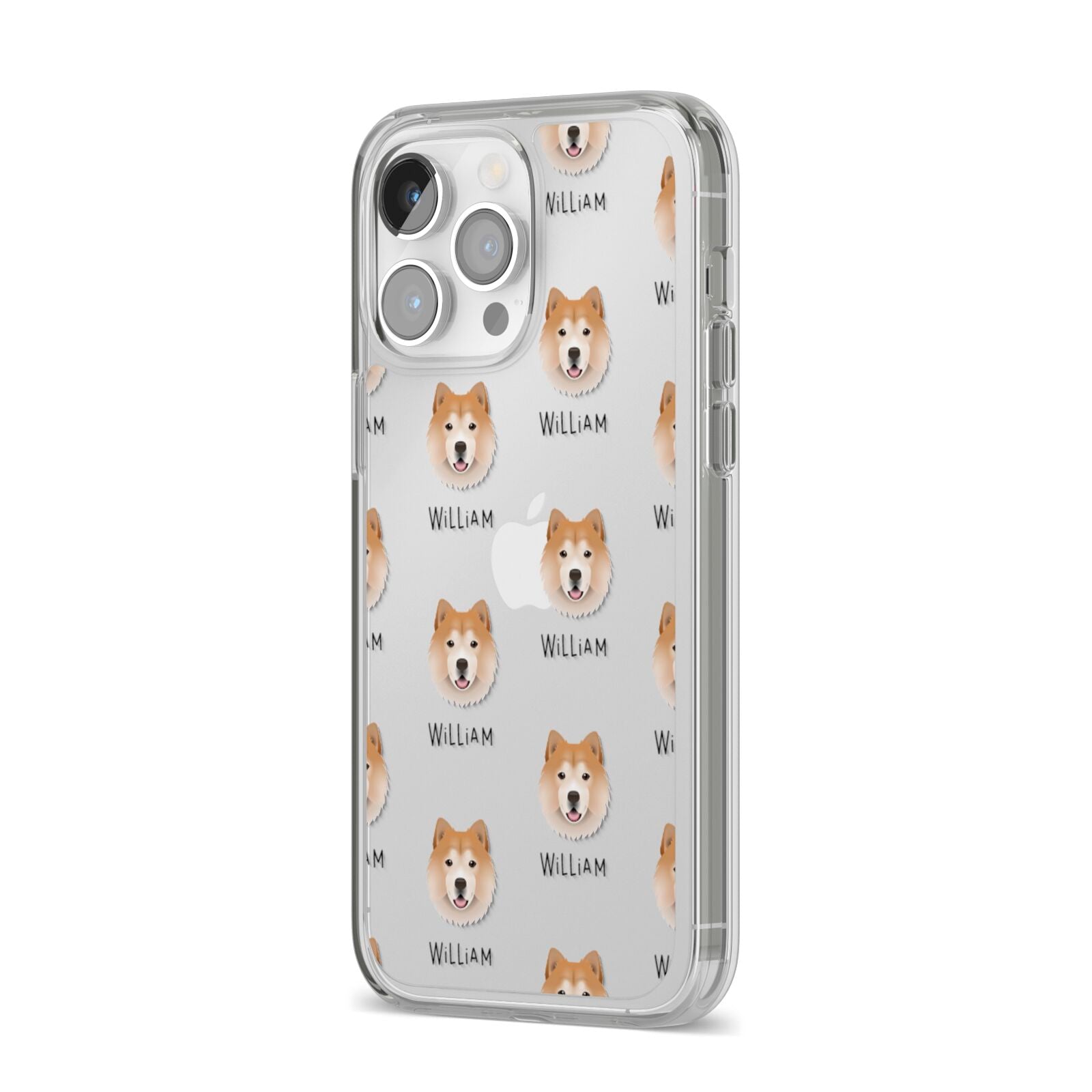 Chusky Icon with Name iPhone 14 Pro Max Clear Tough Case Silver Angled Image