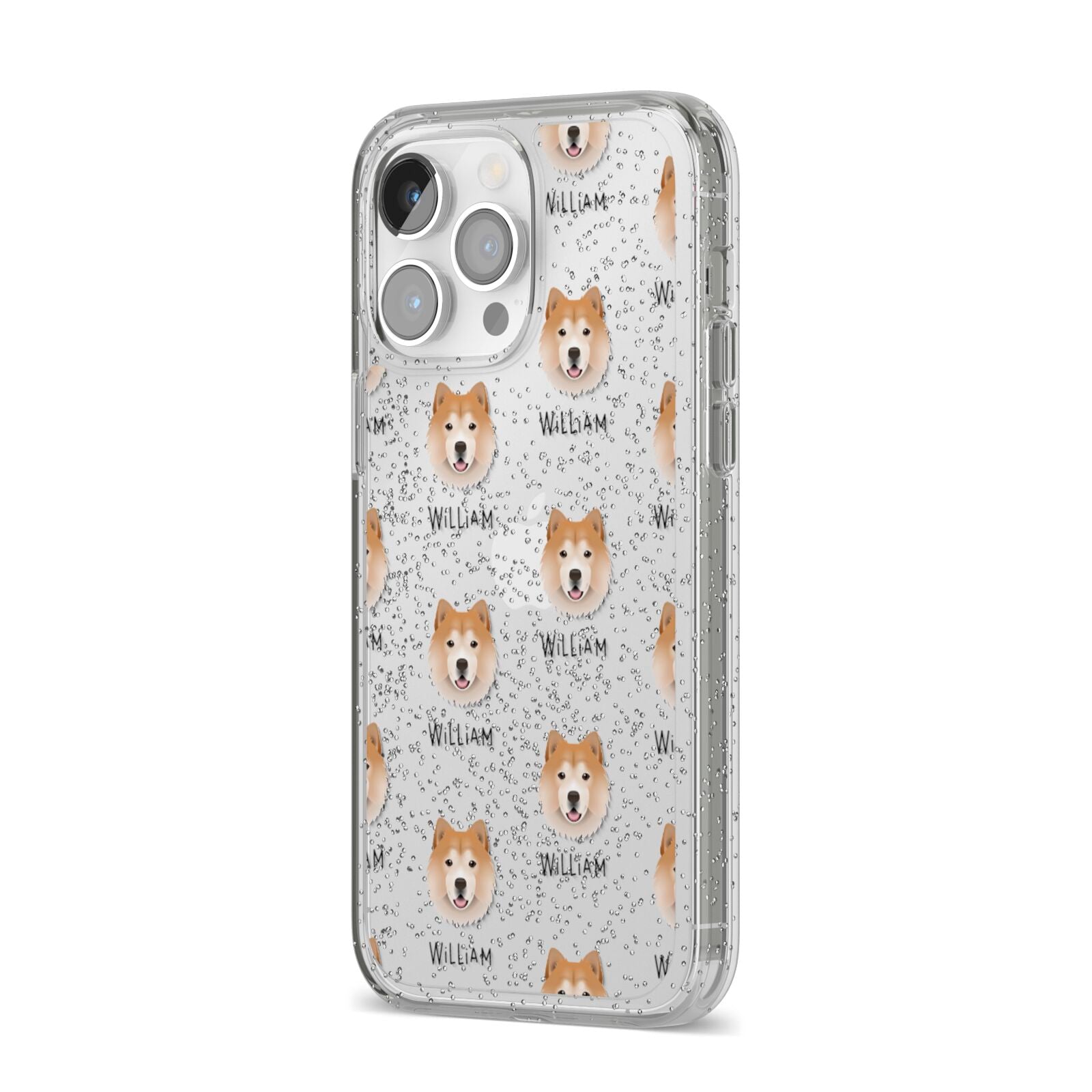 Chusky Icon with Name iPhone 14 Pro Max Glitter Tough Case Silver Angled Image