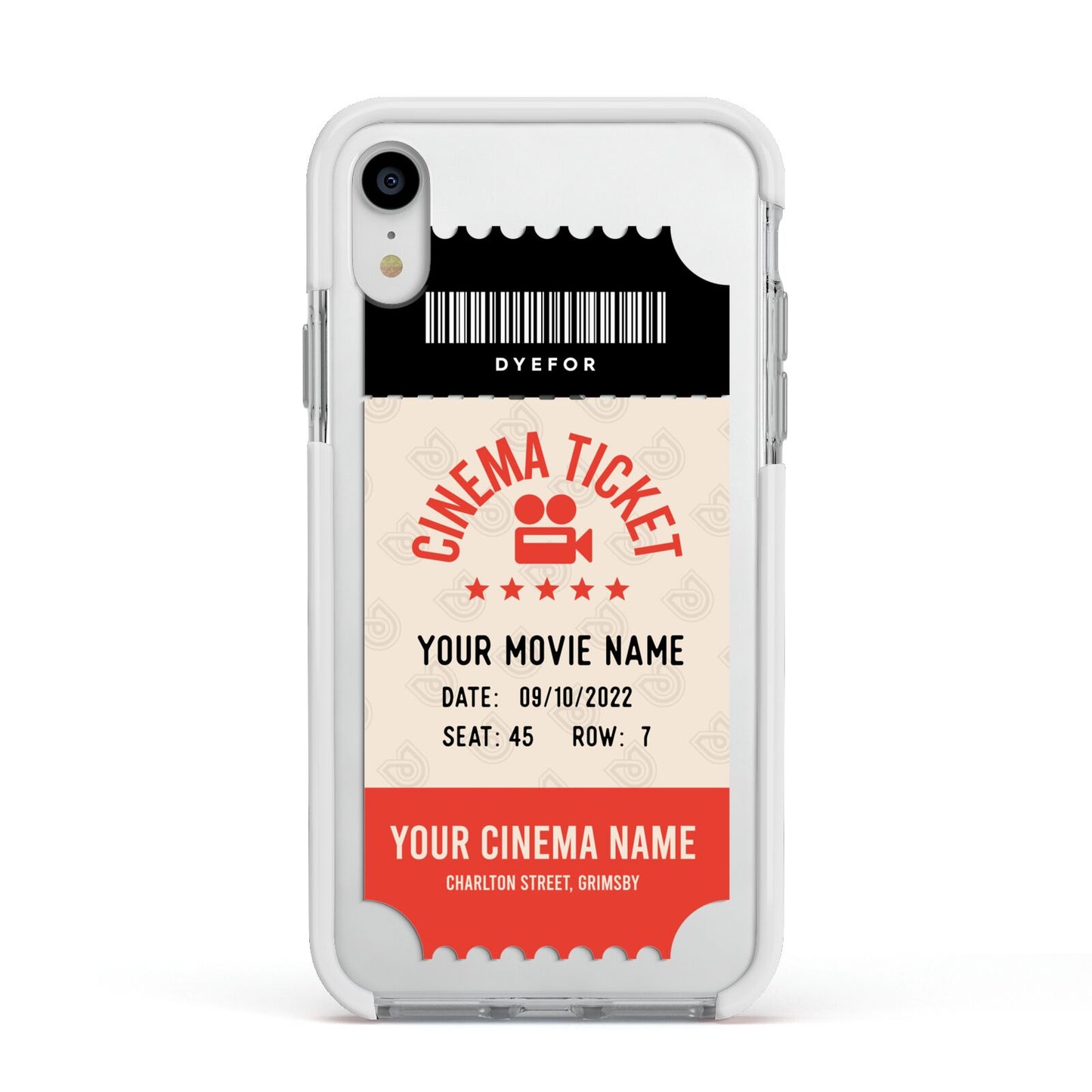 Cinema Ticket Apple iPhone XR Impact Case White Edge on Silver Phone