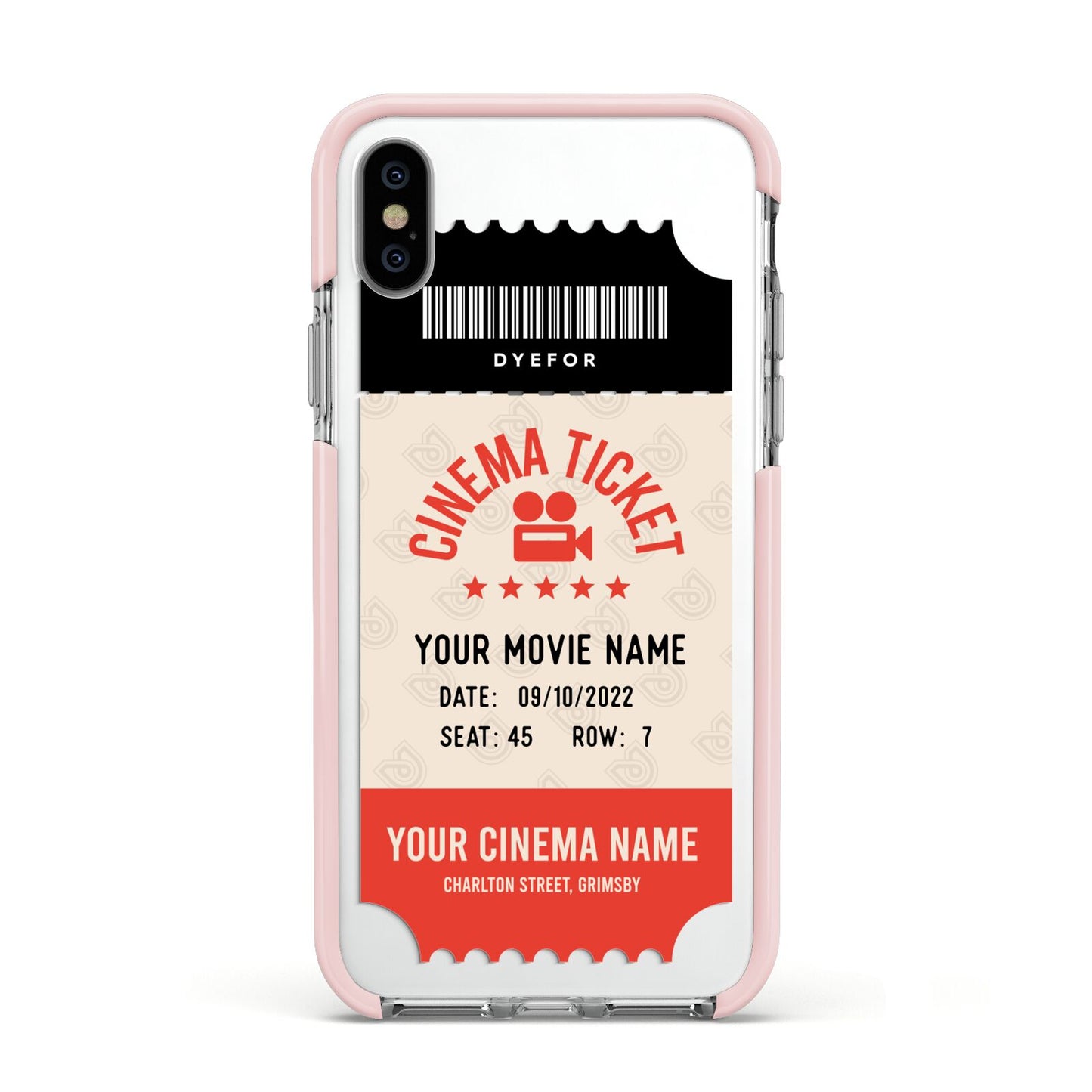 Cinema Ticket Apple iPhone Xs Impact Case Pink Edge on Silver Phone