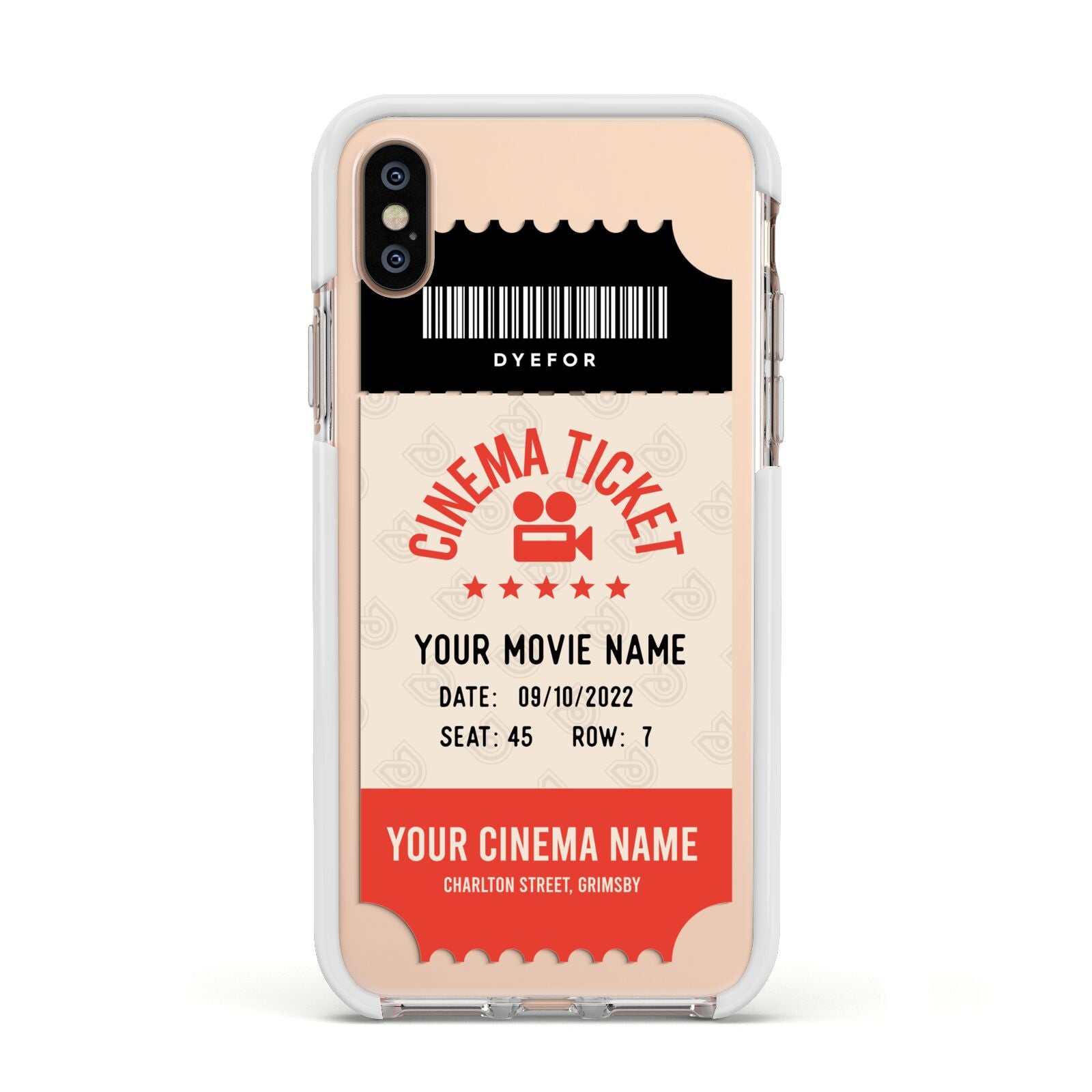 Cinema Ticket Apple iPhone Xs Impact Case White Edge on Gold Phone