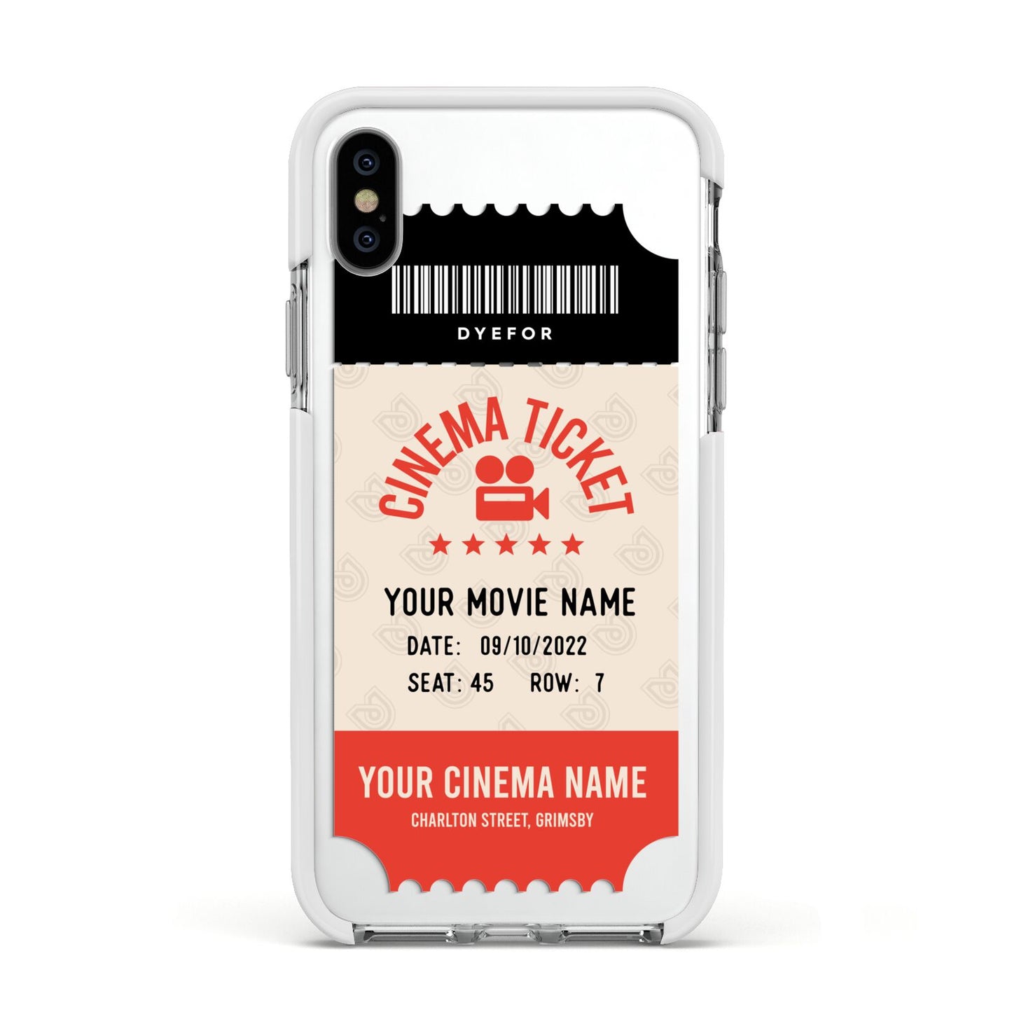 Cinema Ticket Apple iPhone Xs Impact Case White Edge on Silver Phone