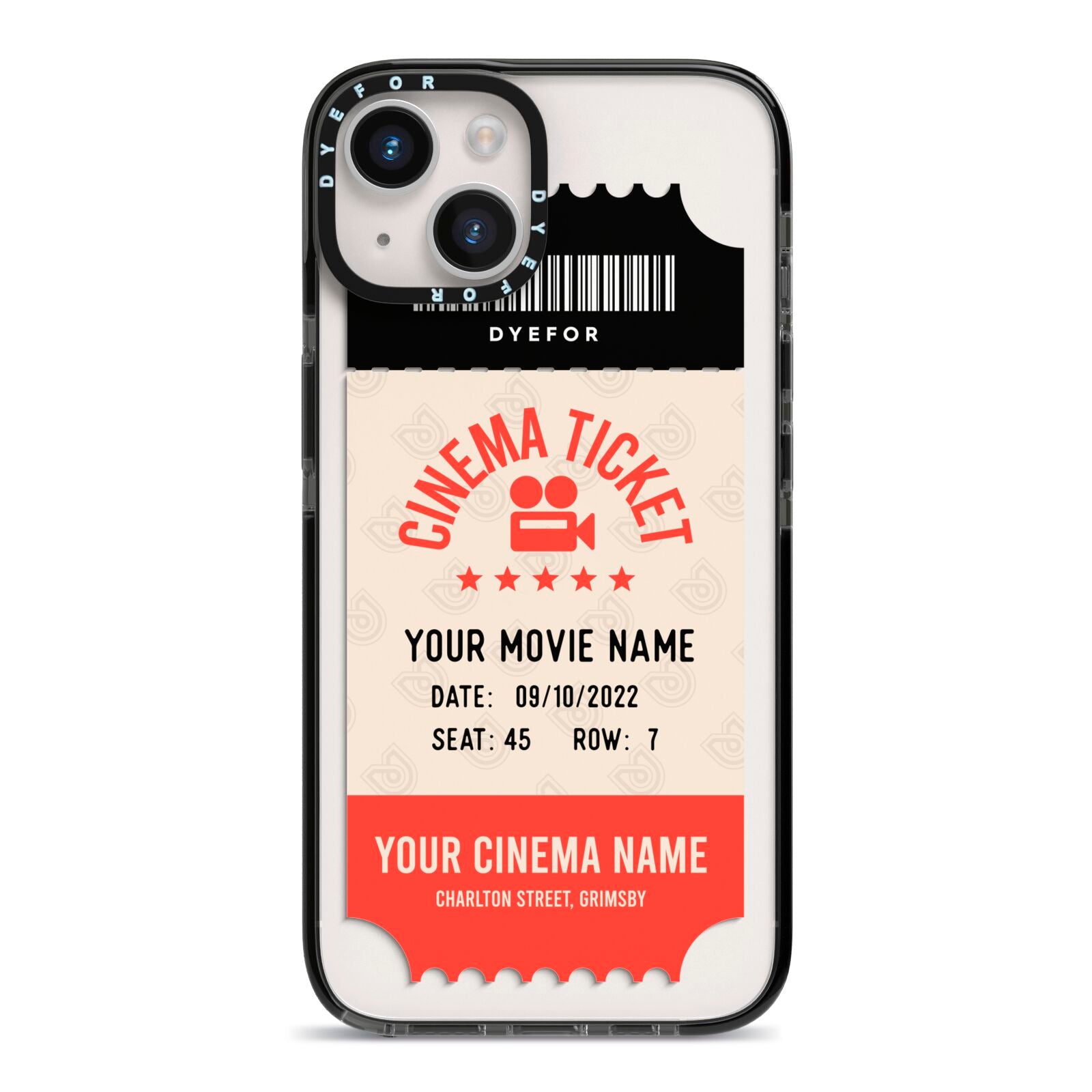 Cinema Ticket iPhone 14 Black Impact Case on Silver phone