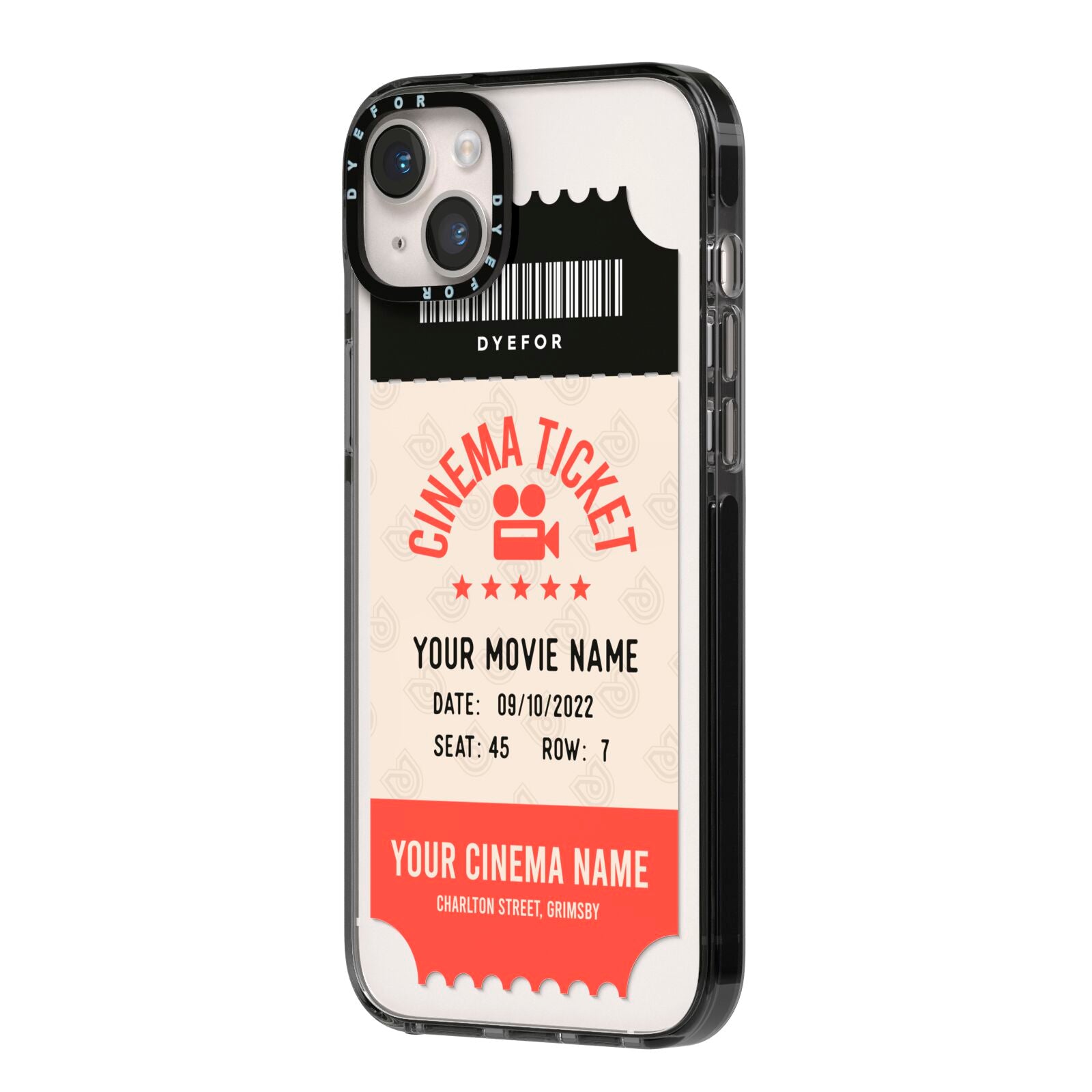 Cinema Ticket iPhone 14 Plus Black Impact Case Side Angle on Silver phone