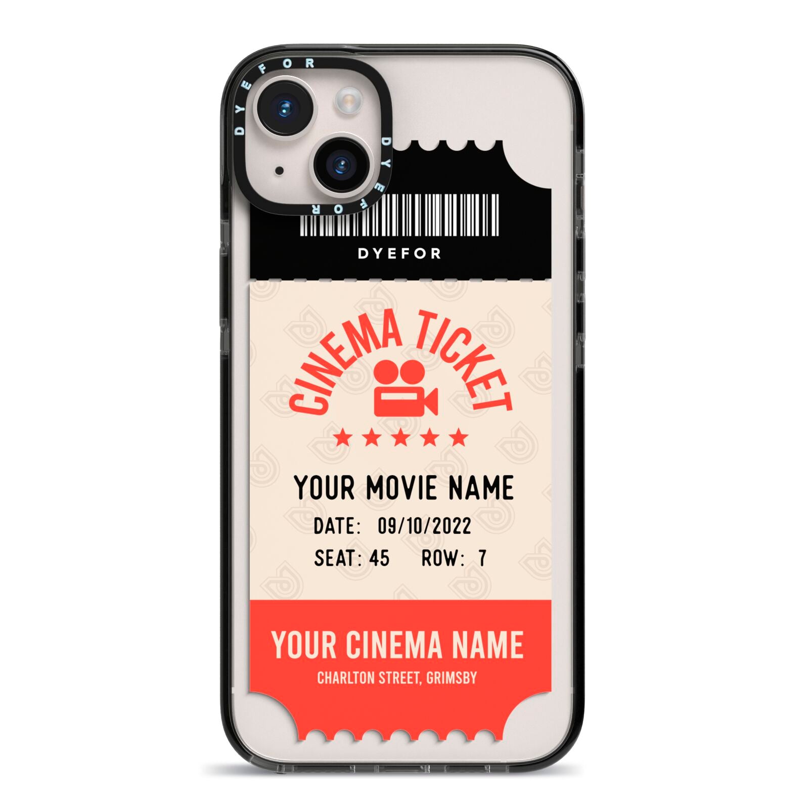 Cinema Ticket iPhone 14 Plus Black Impact Case on Silver phone