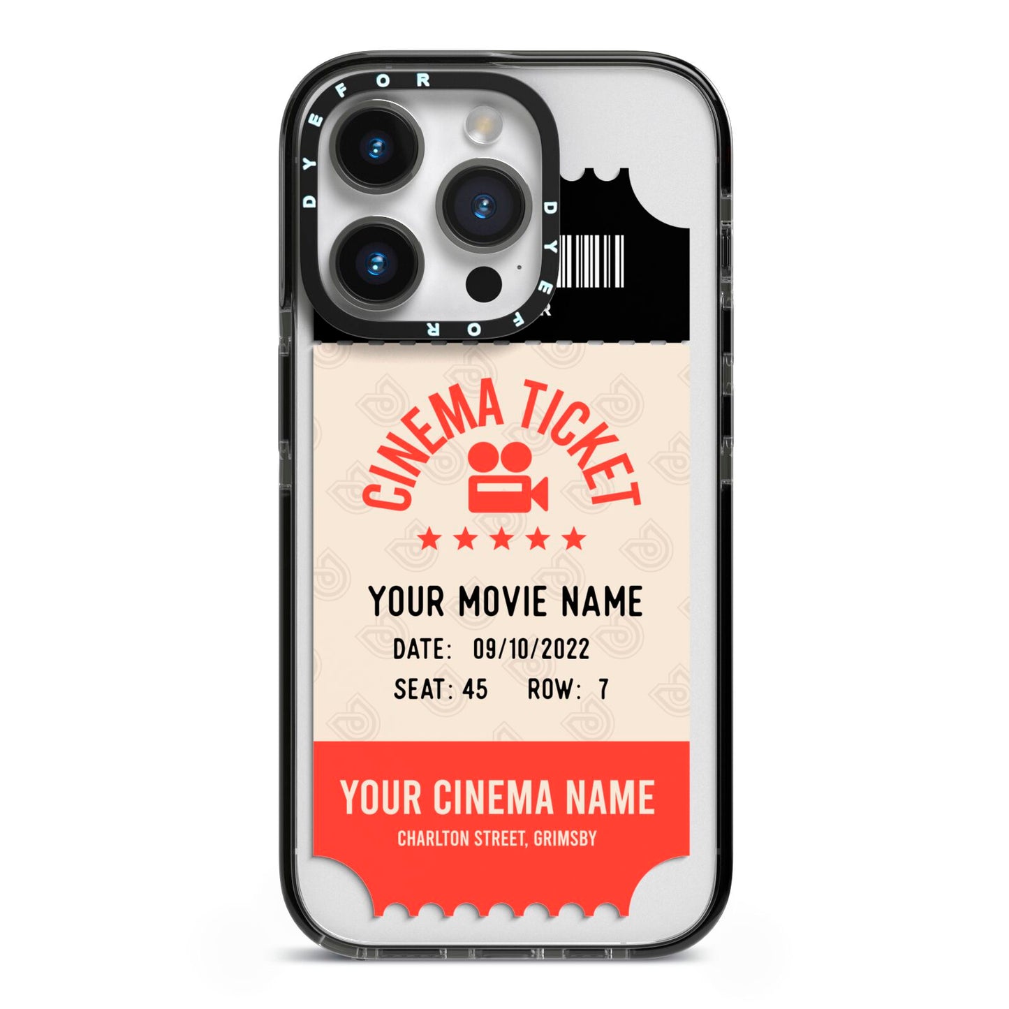 Cinema Ticket iPhone 14 Pro Black Impact Case on Silver phone