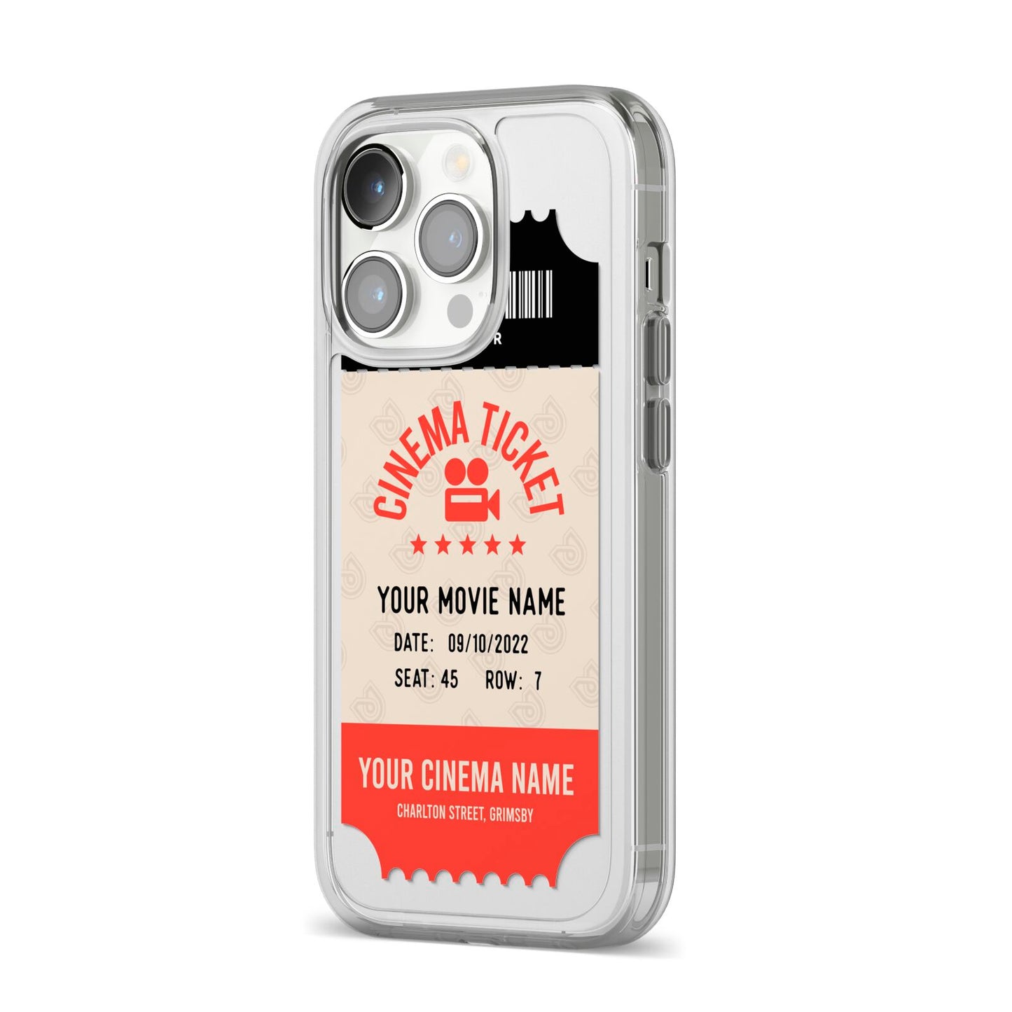 Cinema Ticket iPhone 14 Pro Clear Tough Case Silver Angled Image