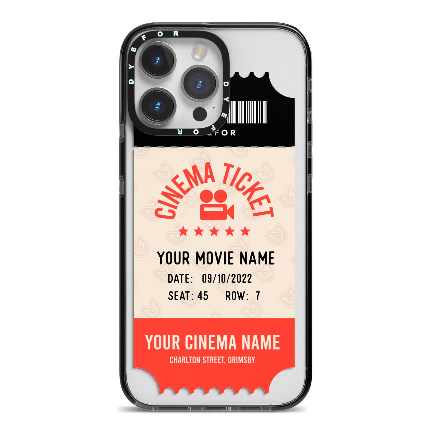 Cinema Ticket iPhone 14 Pro Max Black Impact Case on Silver phone