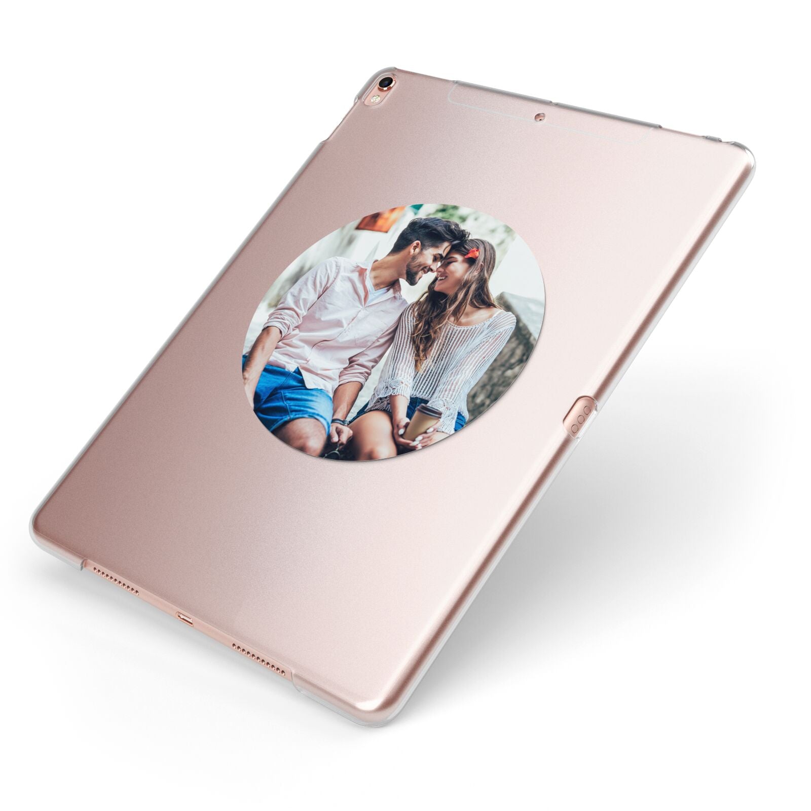 Circle Photo Upload Apple iPad Case on Rose Gold iPad Side View