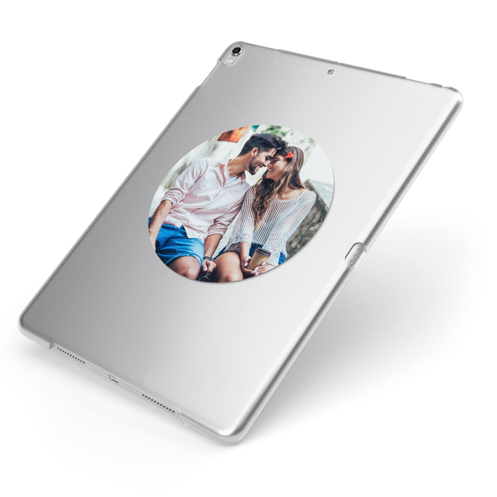 Circle Photo Upload Apple iPad Case on Silver iPad Side View