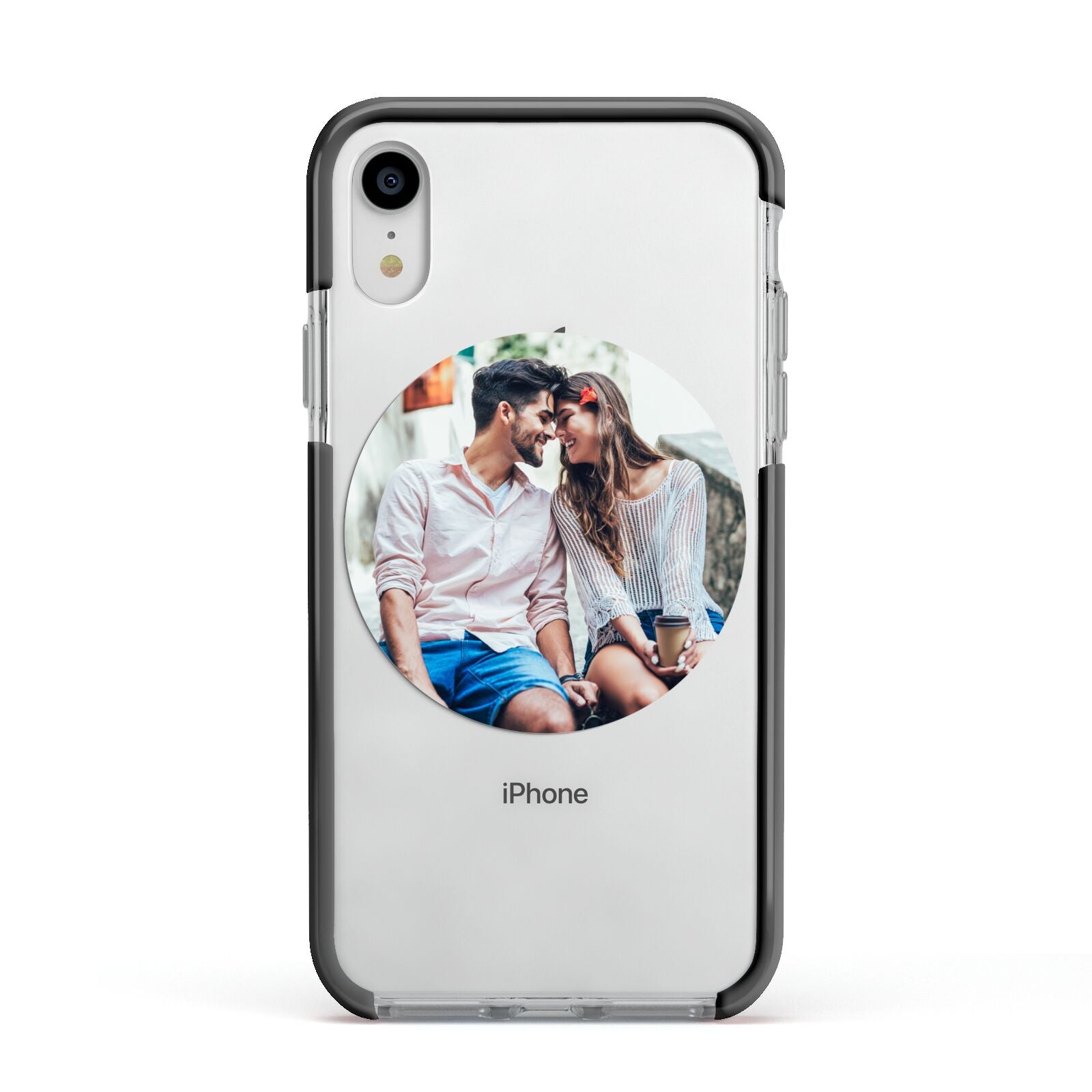 Circle Photo Upload Apple iPhone XR Impact Case Black Edge on Silver Phone