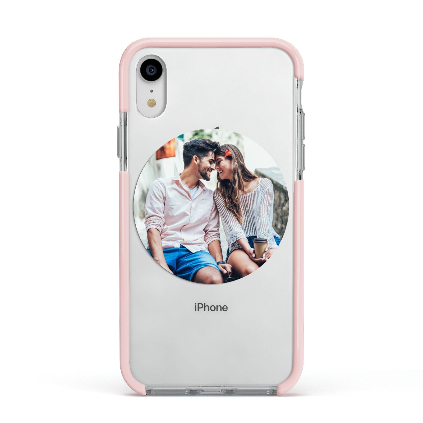 Circle Photo Upload Apple iPhone XR Impact Case Pink Edge on Silver Phone