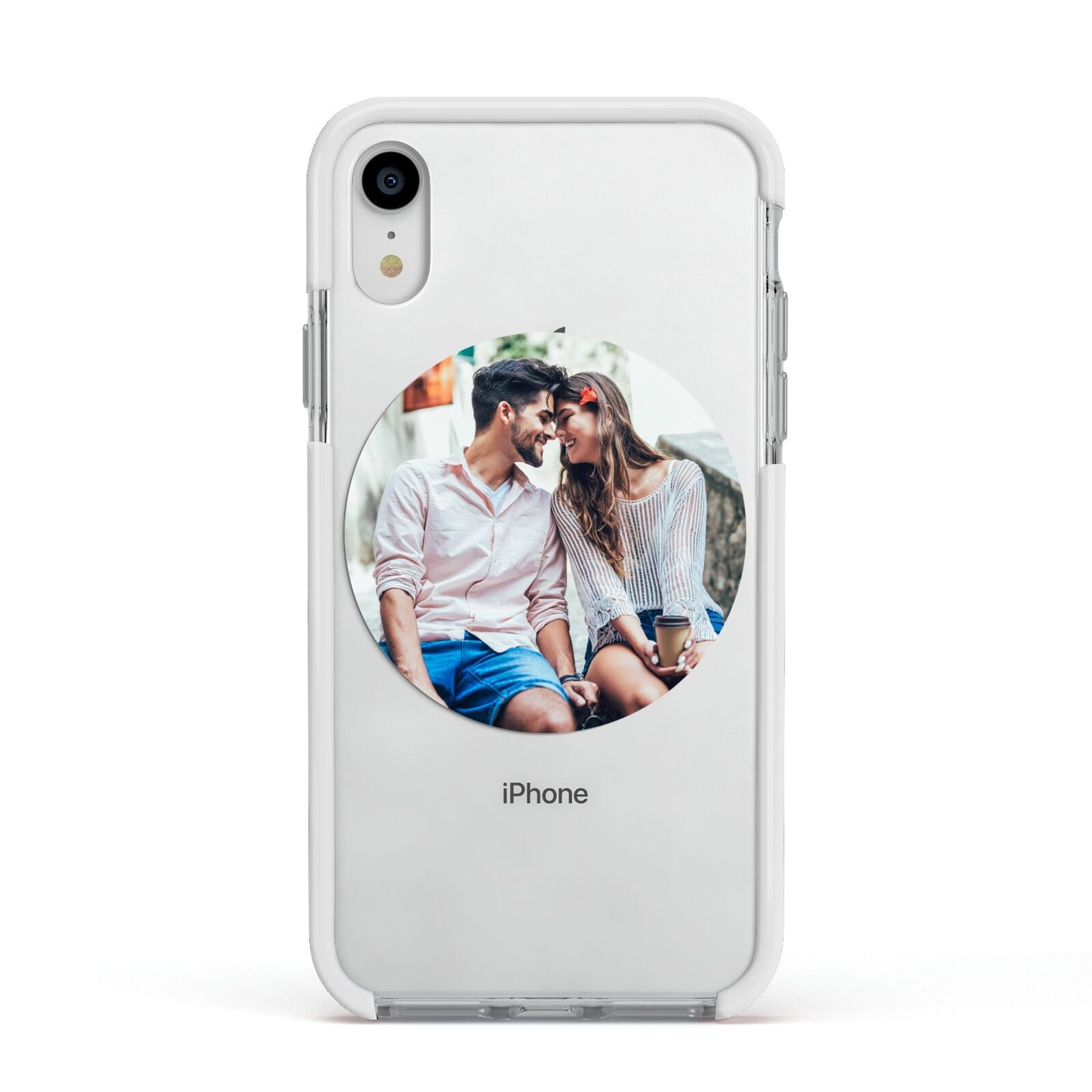 Circle Photo Upload Apple iPhone XR Impact Case White Edge on Silver Phone