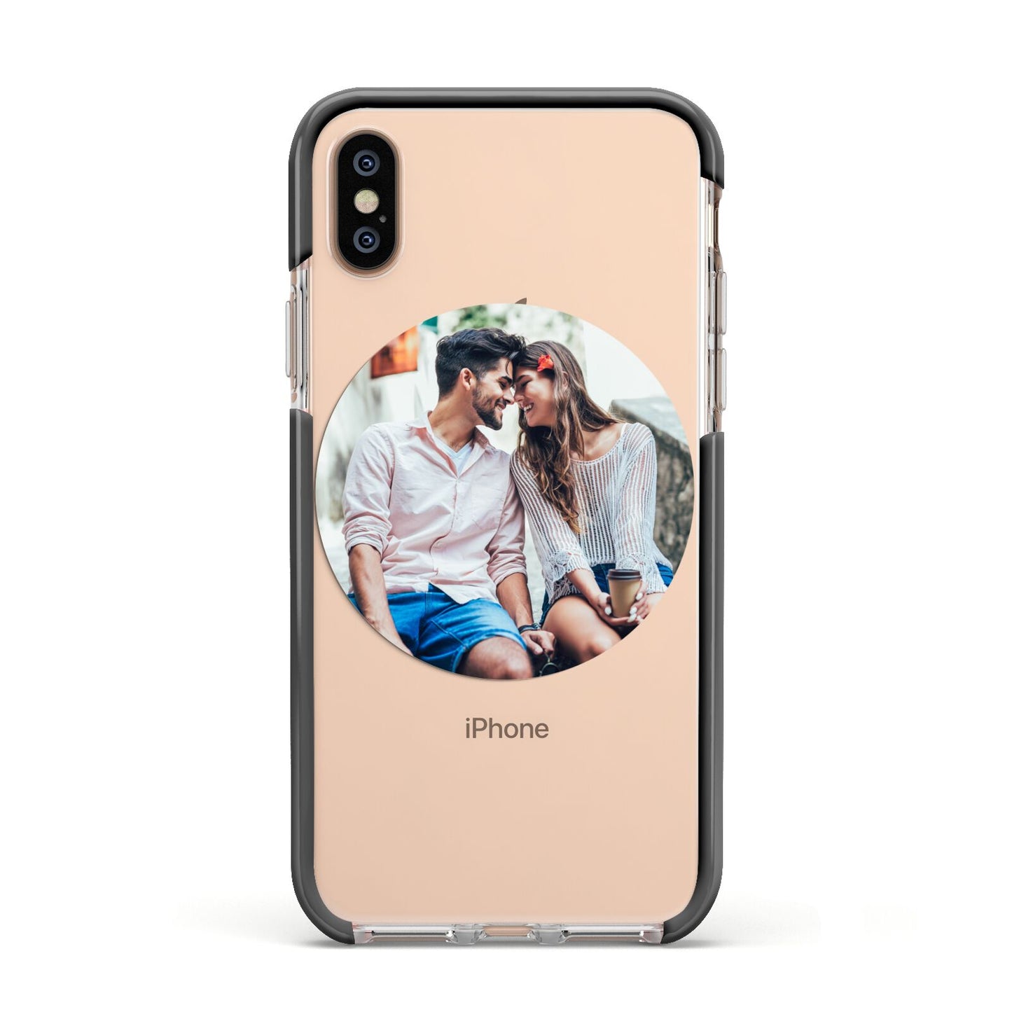 Circle Photo Upload Apple iPhone Xs Impact Case Black Edge on Gold Phone