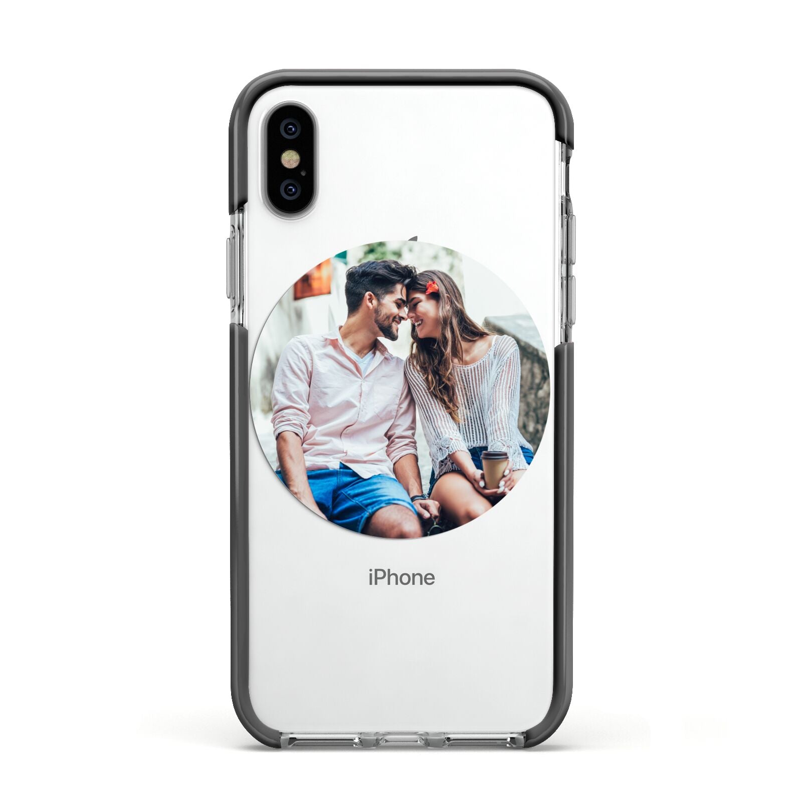 Circle Photo Upload Apple iPhone Xs Impact Case Black Edge on Silver Phone