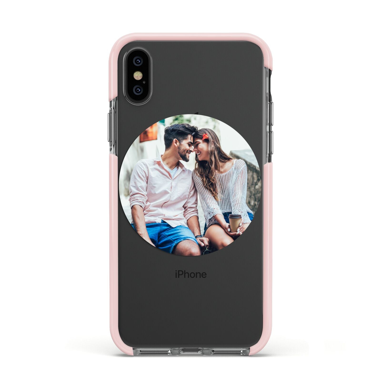 Circle Photo Upload Apple iPhone Xs Impact Case Pink Edge on Black Phone