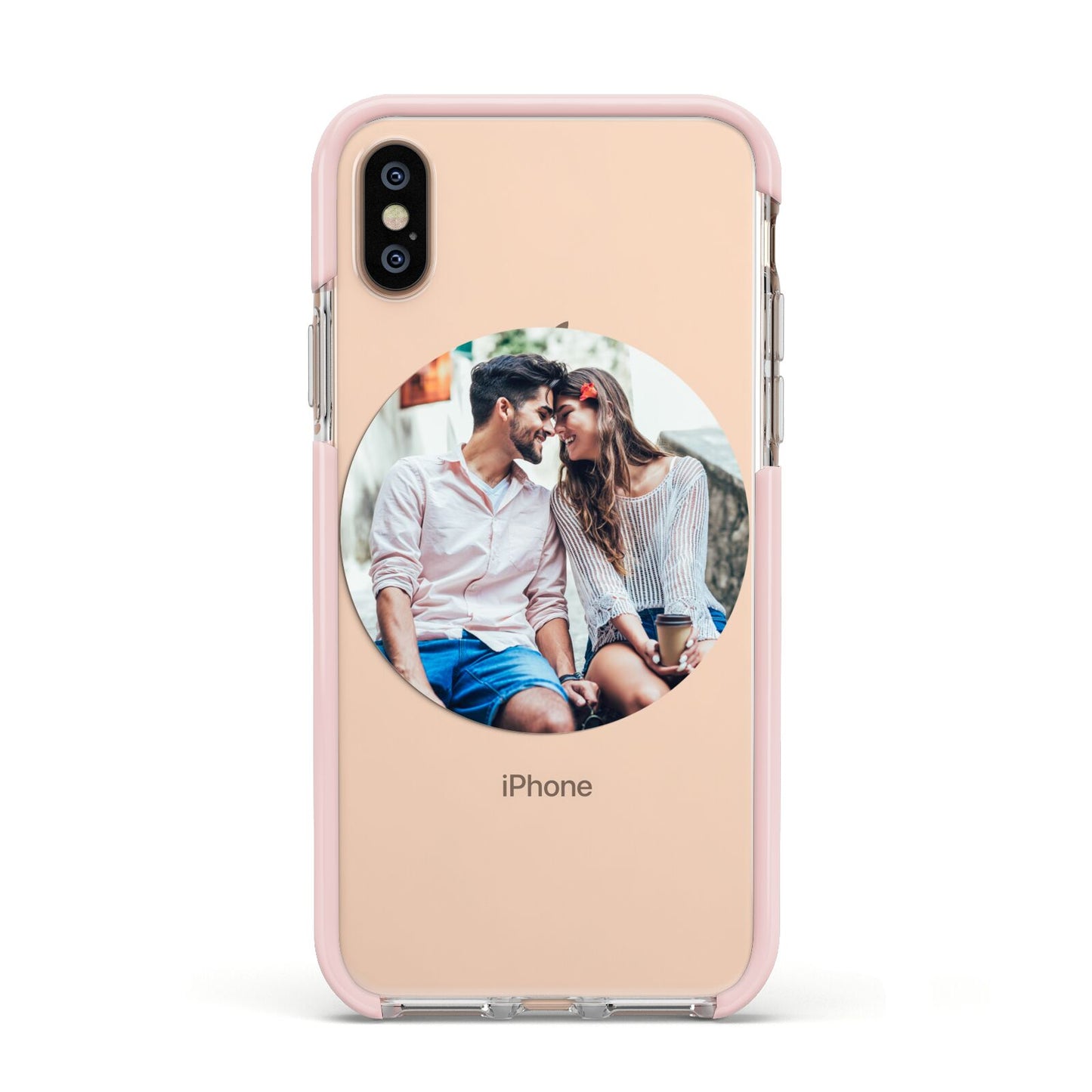 Circle Photo Upload Apple iPhone Xs Impact Case Pink Edge on Gold Phone