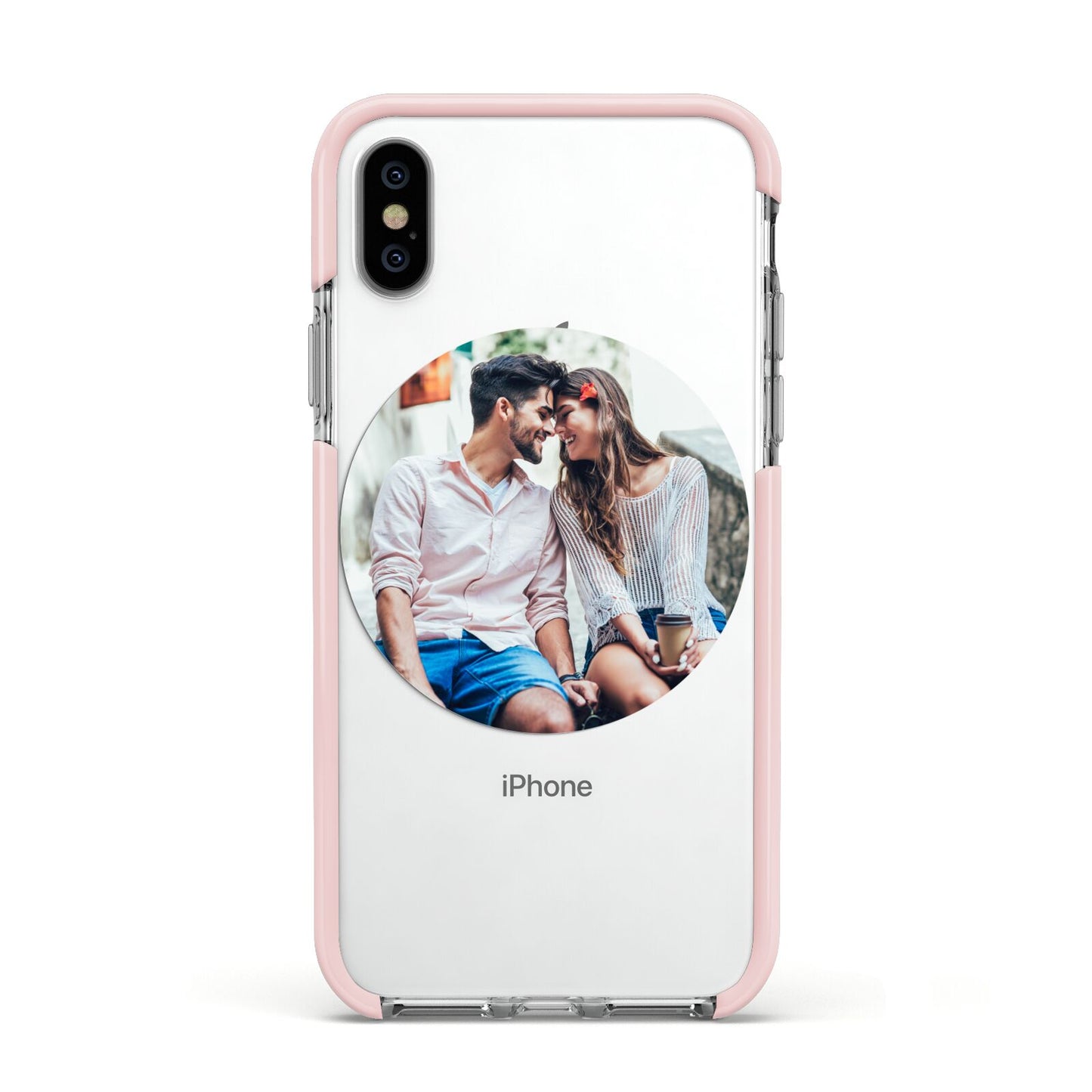 Circle Photo Upload Apple iPhone Xs Impact Case Pink Edge on Silver Phone