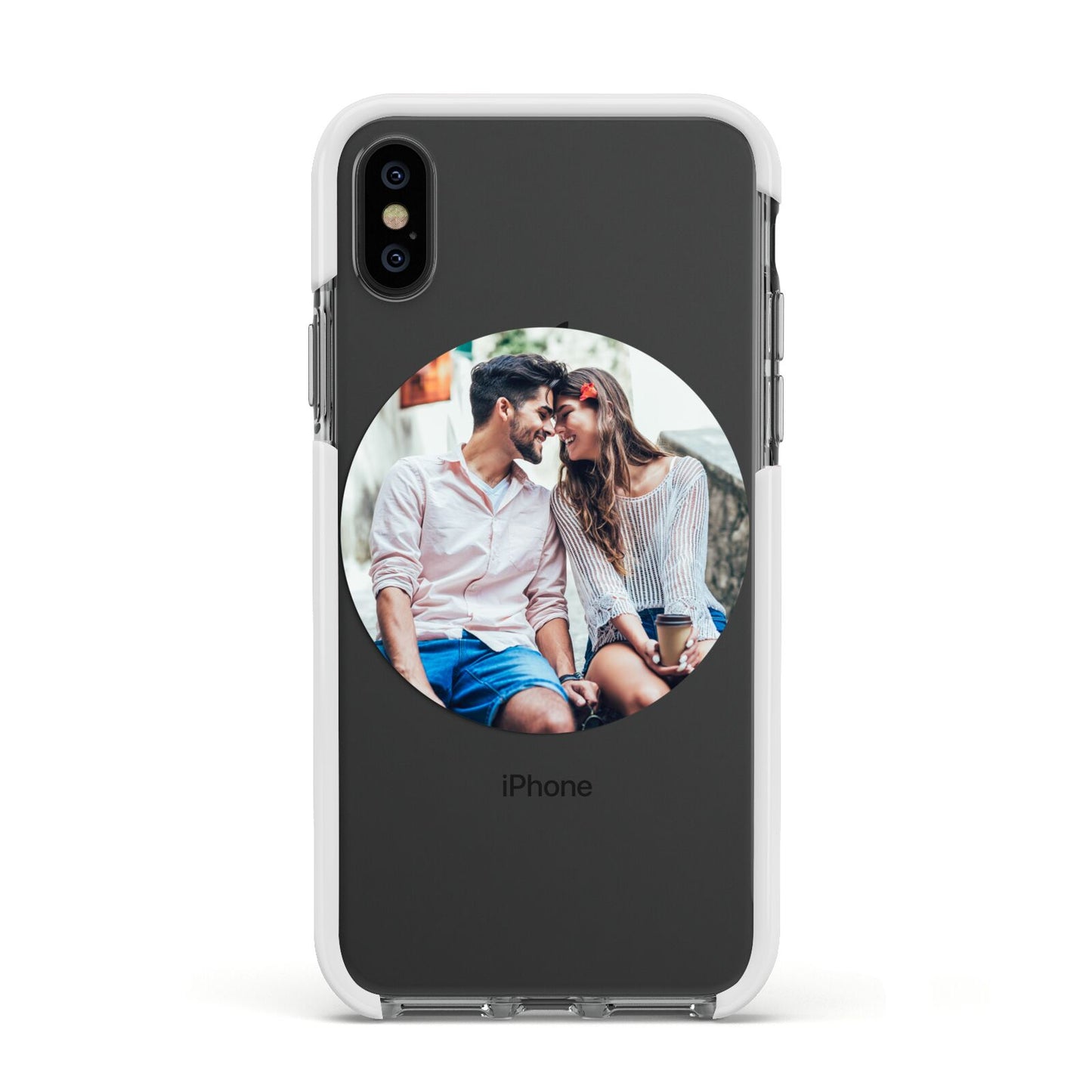 Circle Photo Upload Apple iPhone Xs Impact Case White Edge on Black Phone