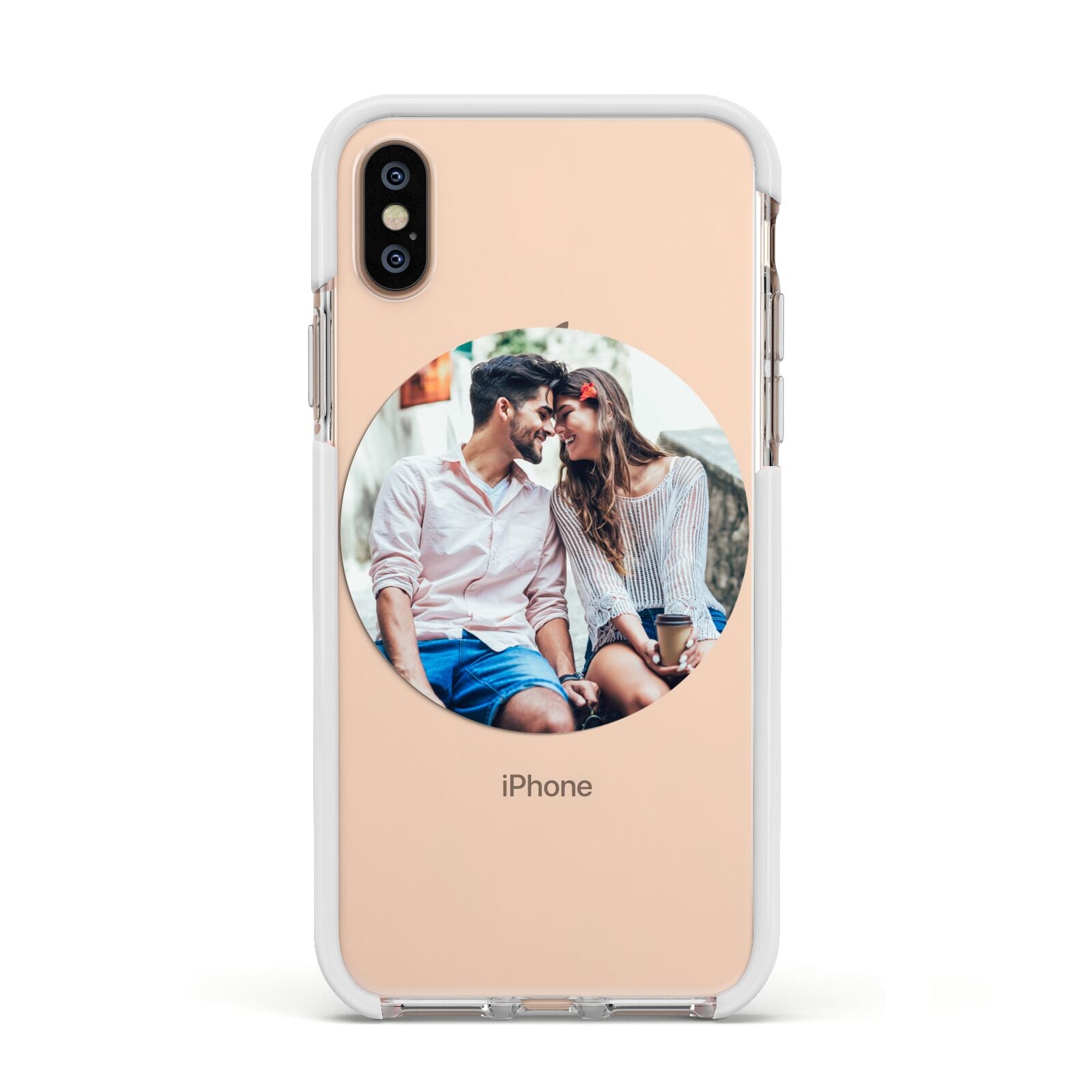 Circle Photo Upload Apple iPhone Xs Impact Case White Edge on Gold Phone