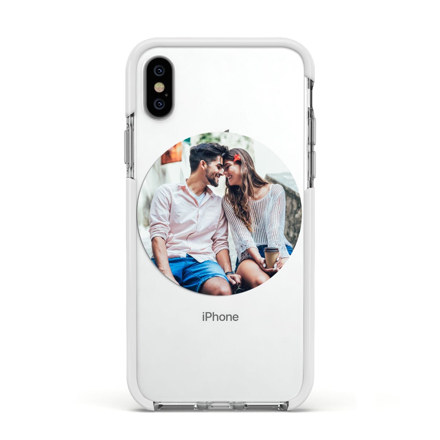 Circle Photo Upload Apple iPhone Xs Impact Case White Edge on Silver Phone