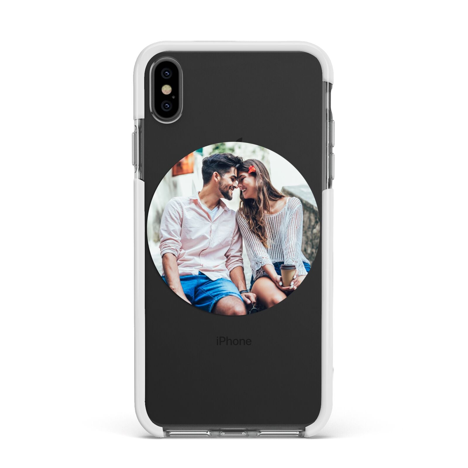 Circle Photo Upload Apple iPhone Xs Max Impact Case White Edge on Black Phone