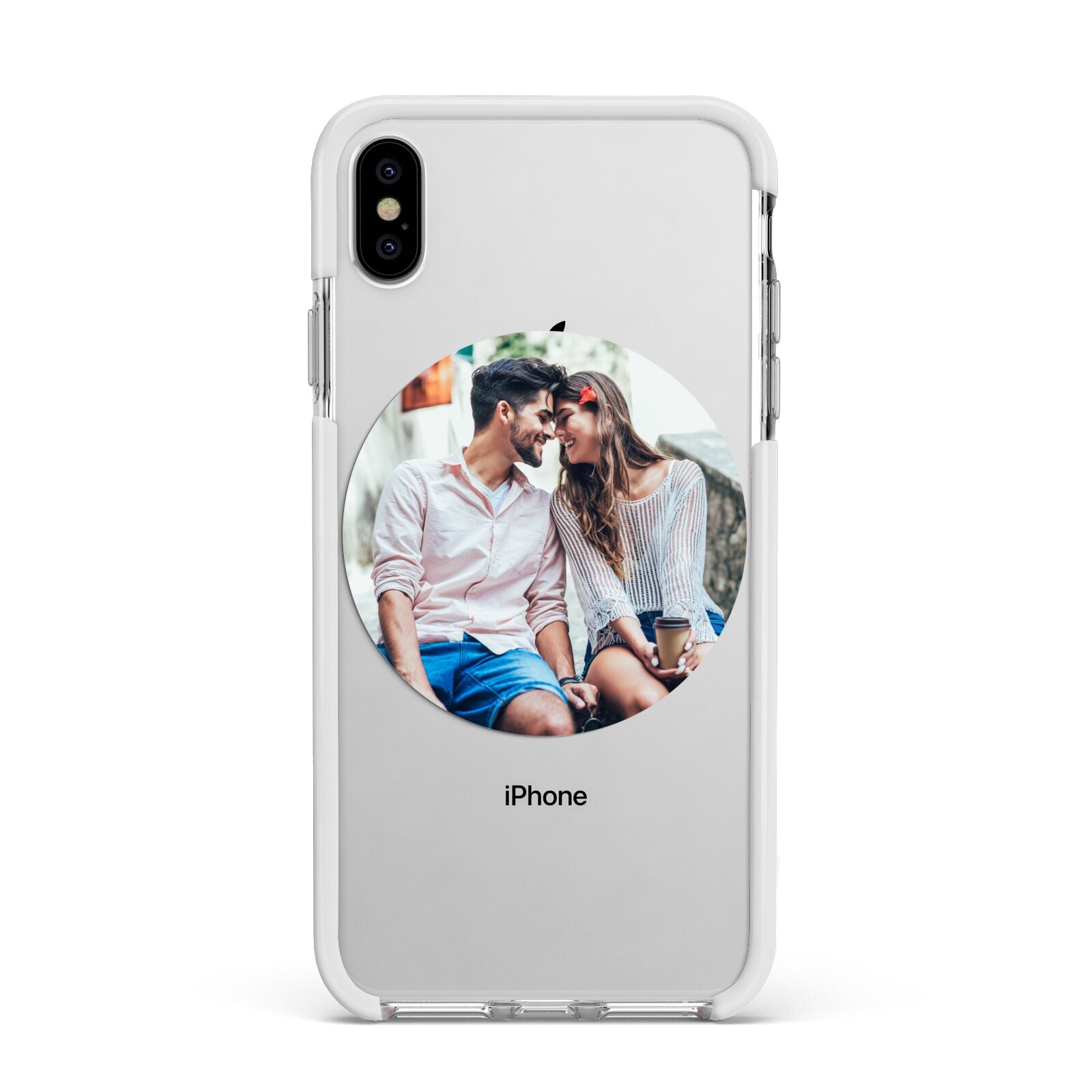 Circle Photo Upload Apple iPhone Xs Max Impact Case White Edge on Silver Phone