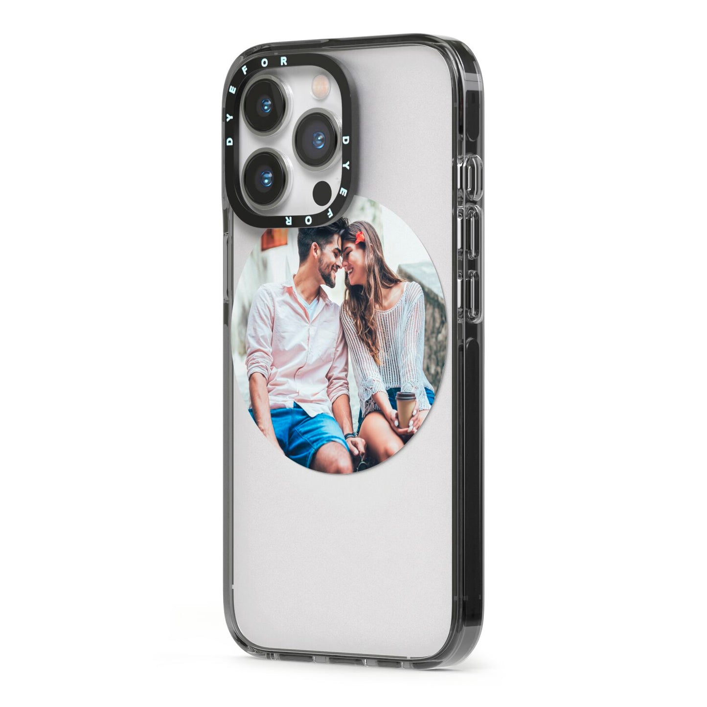 Circle Photo Upload iPhone 13 Pro Black Impact Case Side Angle on Silver phone