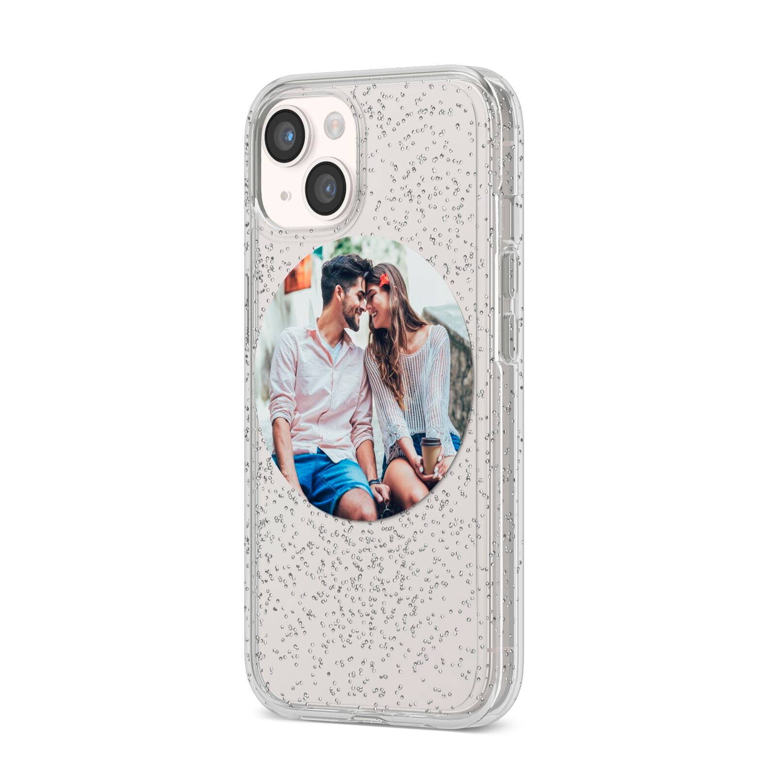 Circle Photo Upload iPhone 14 Glitter Tough Case Starlight Angled Image