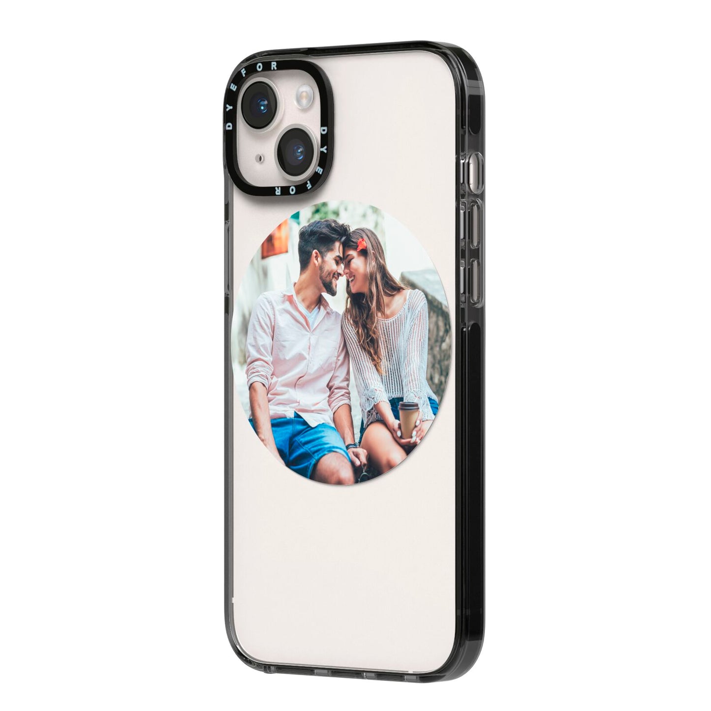 Circle Photo Upload iPhone 14 Plus Black Impact Case Side Angle on Silver phone