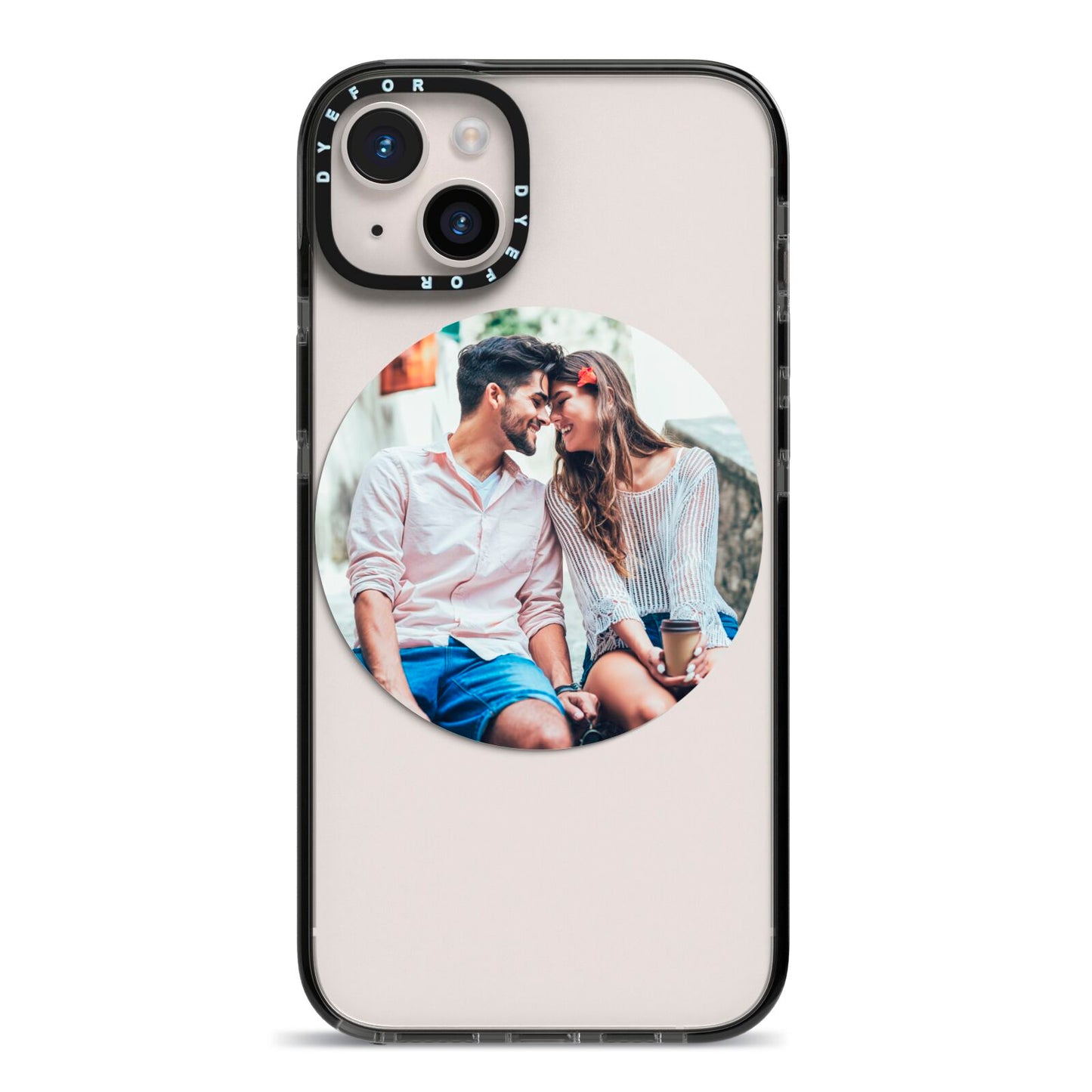 Circle Photo Upload iPhone 14 Plus Black Impact Case on Silver phone