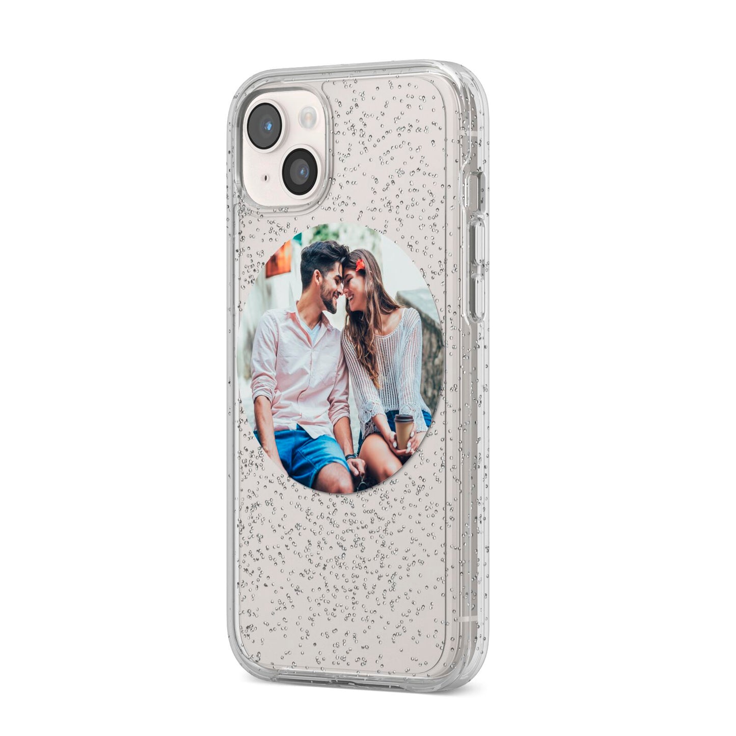 Circle Photo Upload iPhone 14 Plus Glitter Tough Case Starlight Angled Image