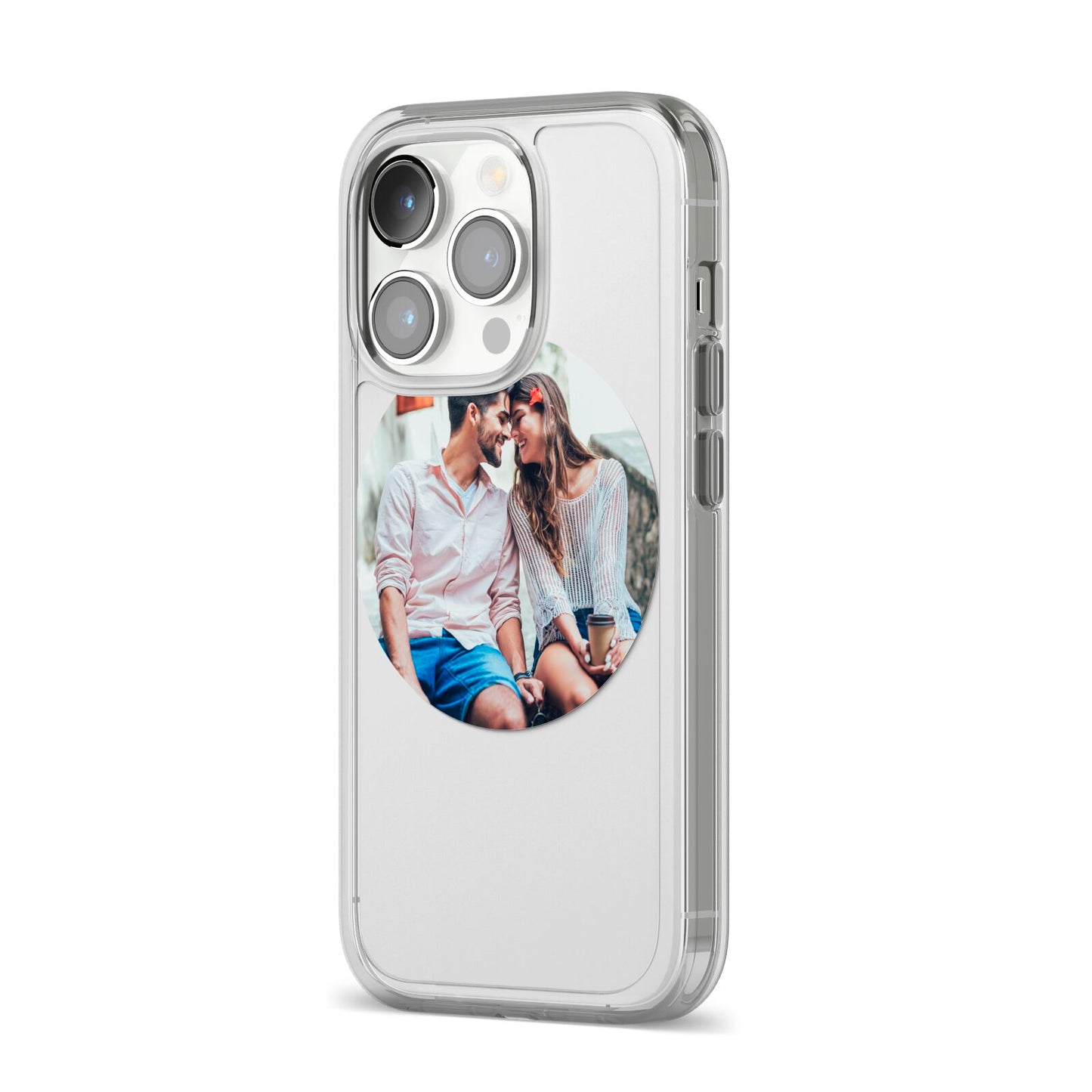 Circle Photo Upload iPhone 14 Pro Clear Tough Case Silver Angled Image