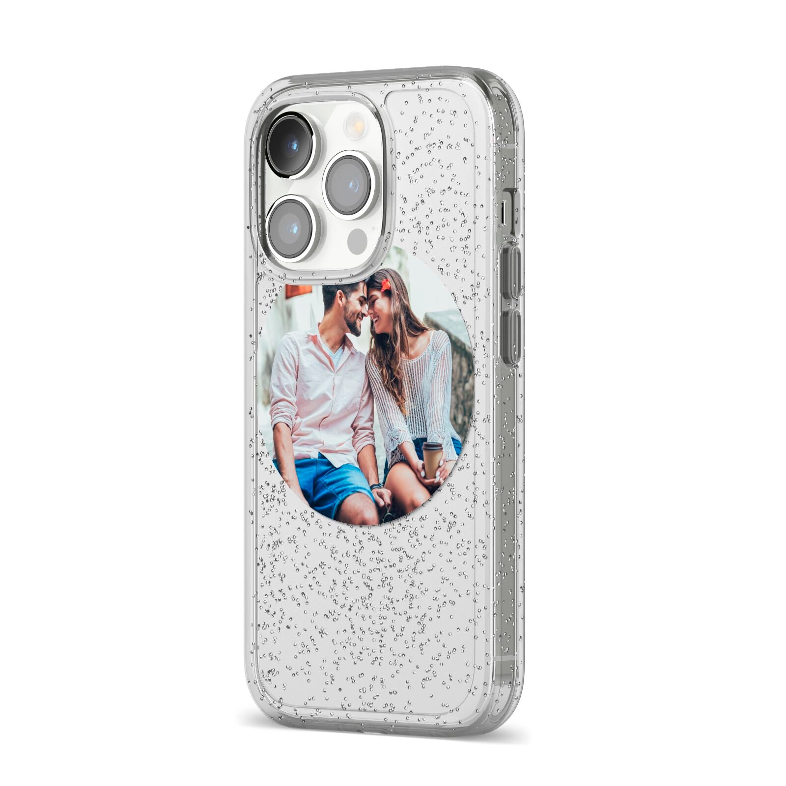 Circle Photo Upload iPhone 14 Pro Glitter Tough Case Silver Angled Image