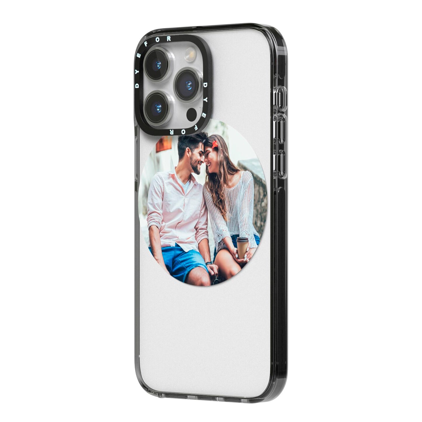 Circle Photo Upload iPhone 14 Pro Max Black Impact Case Side Angle on Silver phone