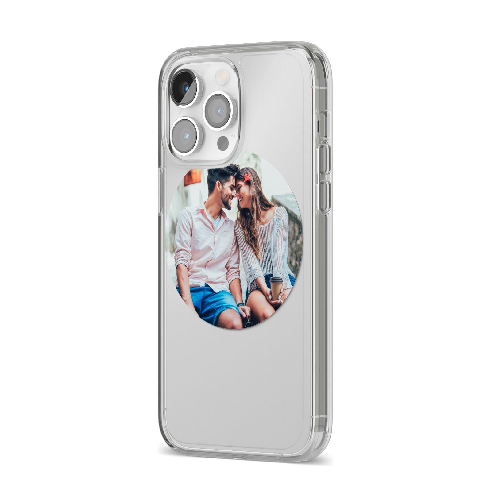 Circle Photo Upload iPhone 14 Pro Max Clear Tough Case Silver Angled Image