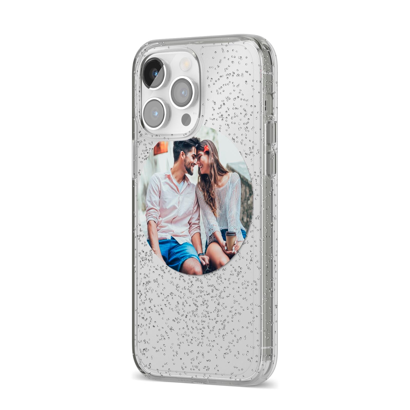 Circle Photo Upload iPhone 14 Pro Max Glitter Tough Case Silver Angled Image