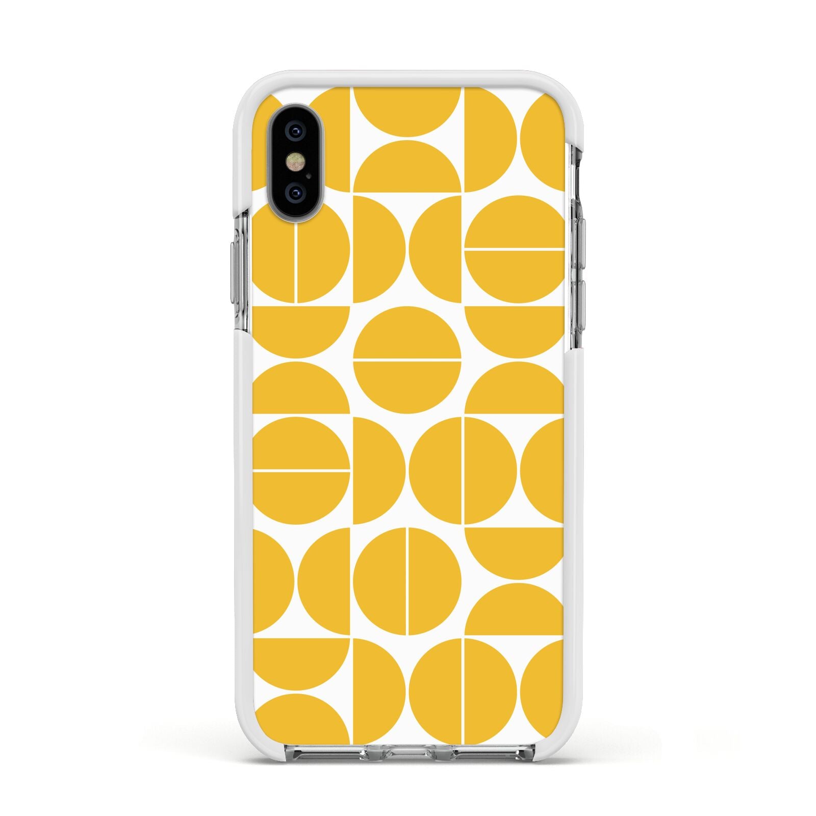 Circular Geometric Pattern Apple iPhone Xs Impact Case White Edge on Silver Phone