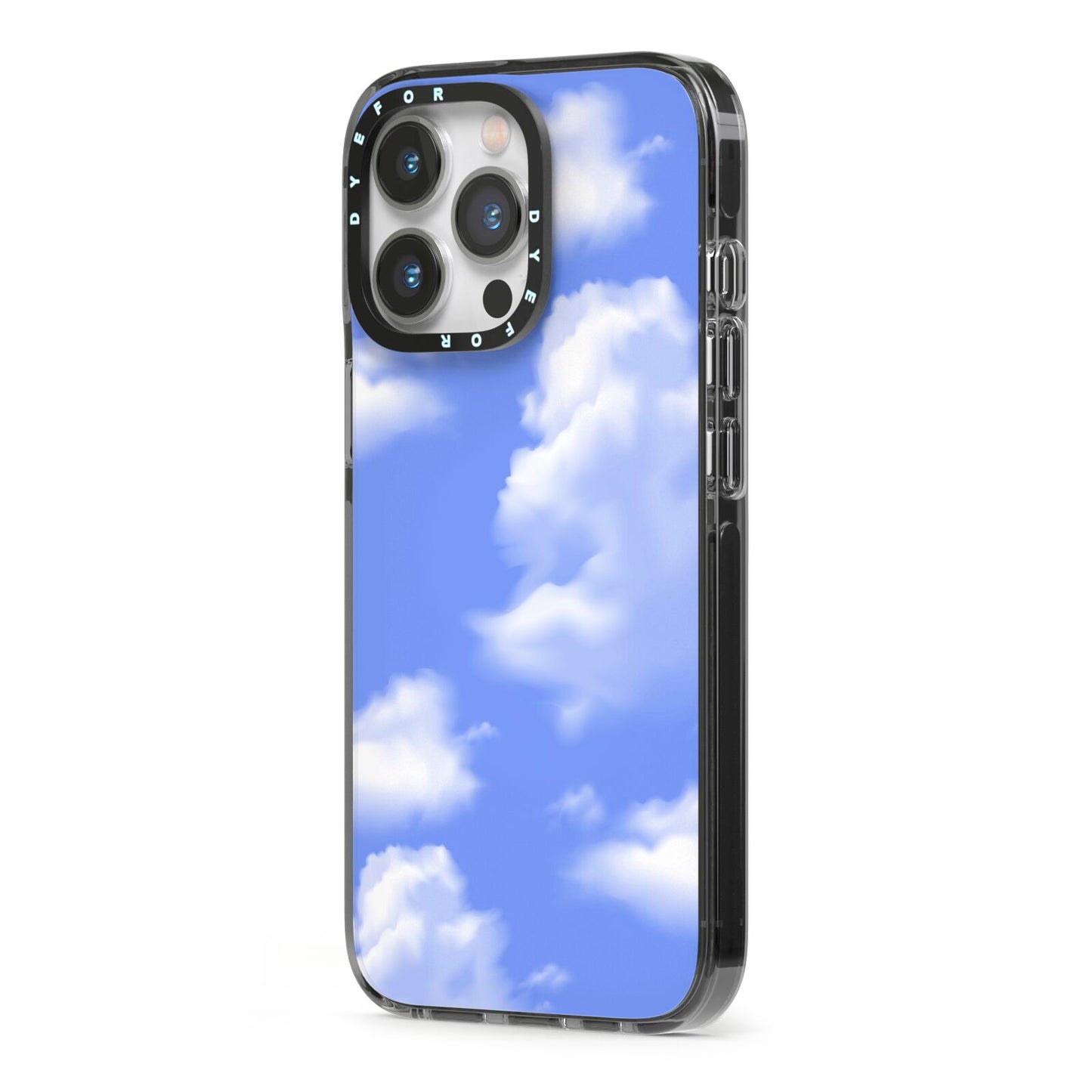 Clouds iPhone 13 Pro Black Impact Case Side Angle on Silver phone