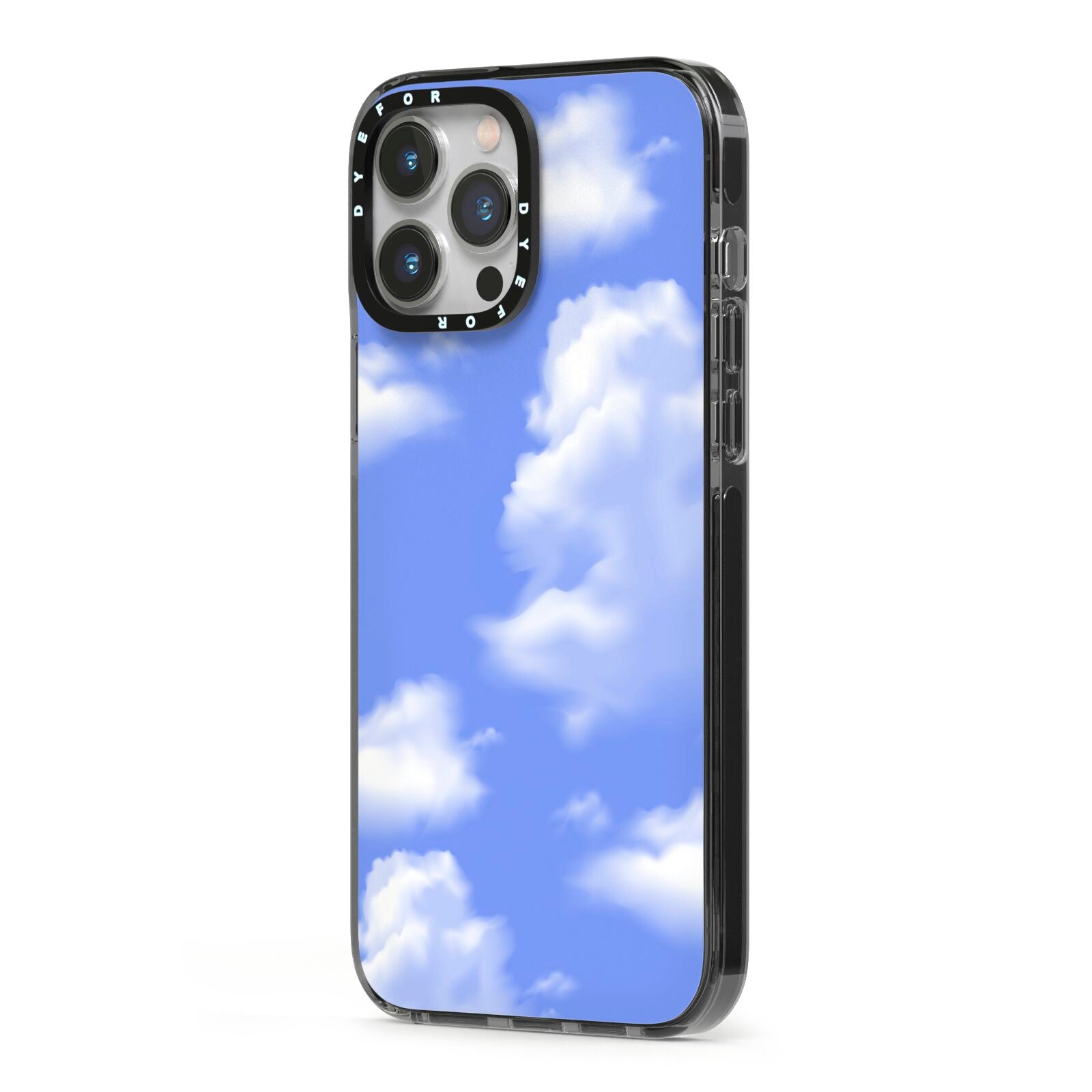 Clouds iPhone 13 Pro Max Black Impact Case Side Angle on Silver phone