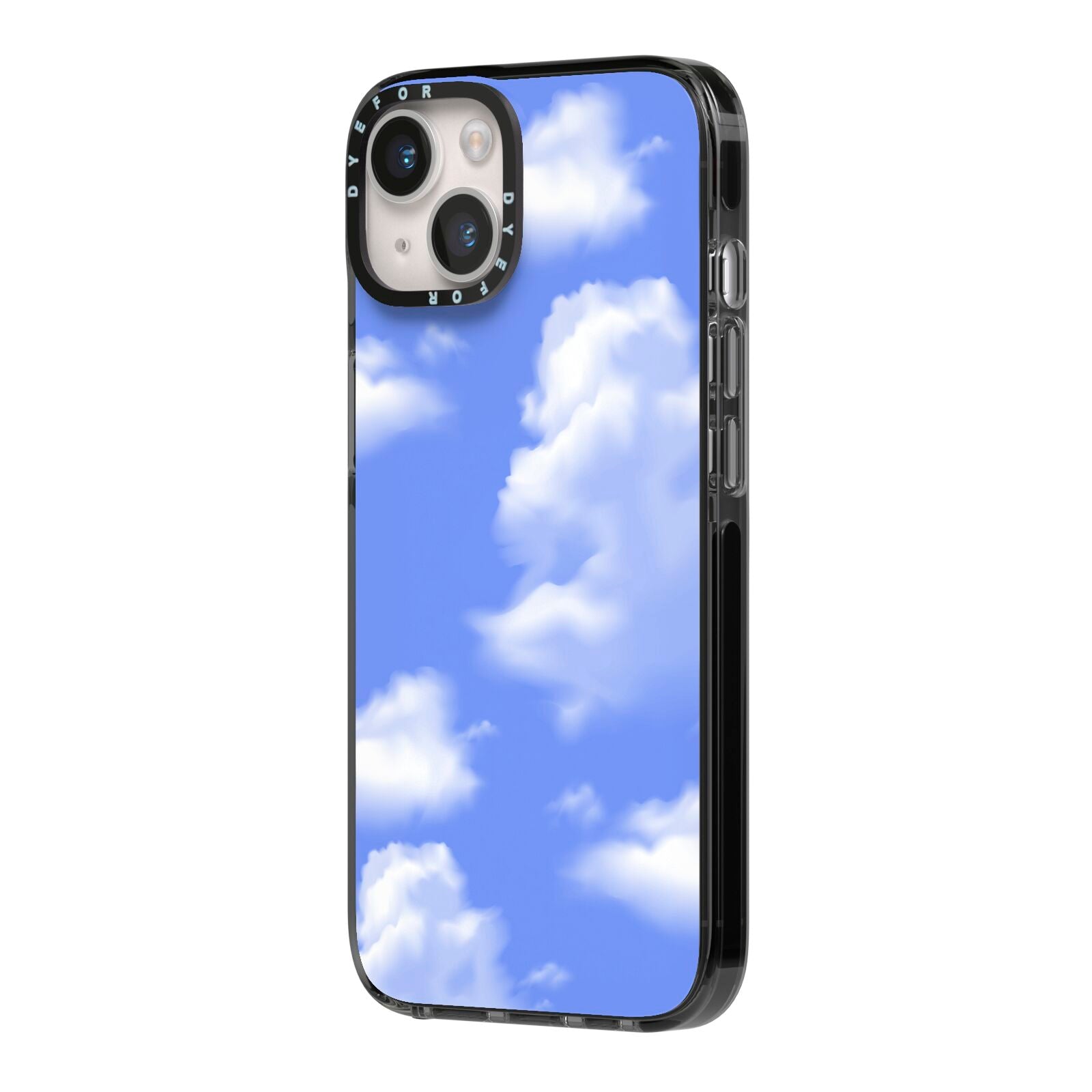 Clouds iPhone 14 Black Impact Case Side Angle on Silver phone