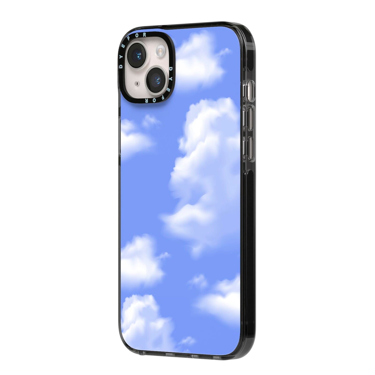 Clouds iPhone 14 Plus Black Impact Case Side Angle on Silver phone