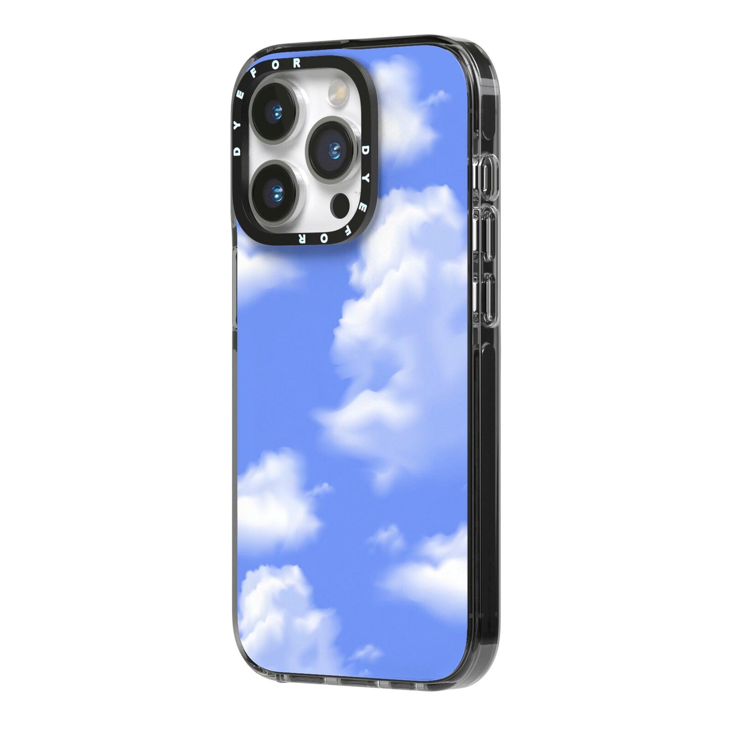 Clouds iPhone 14 Pro Black Impact Case Side Angle on Silver phone