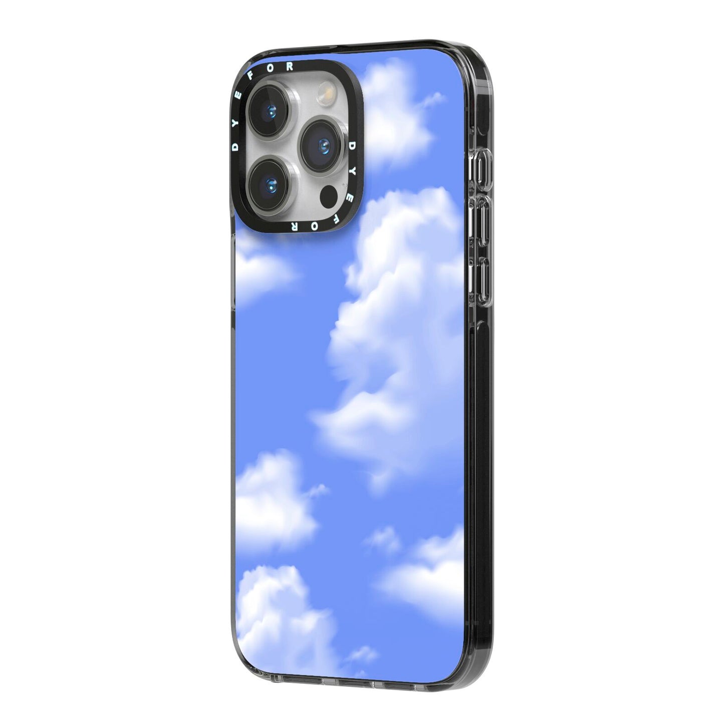 Clouds iPhone 14 Pro Max Black Impact Case Side Angle on Silver phone