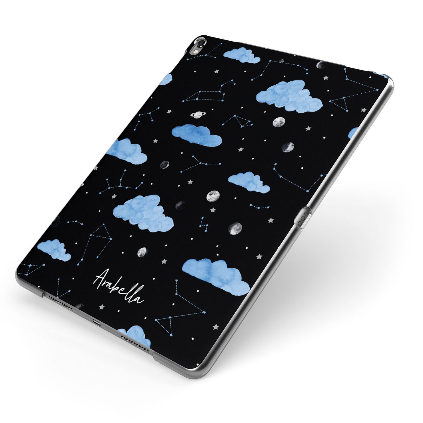 Cloudy Night Sky with Name Apple iPad Case on Grey iPad Side View