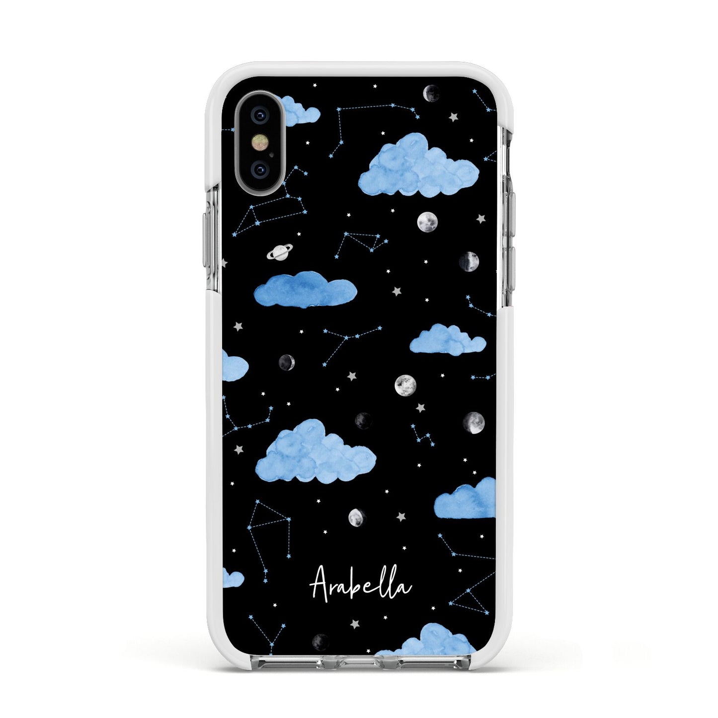 Cloudy Night Sky with Name Apple iPhone Xs Impact Case White Edge on Silver Phone