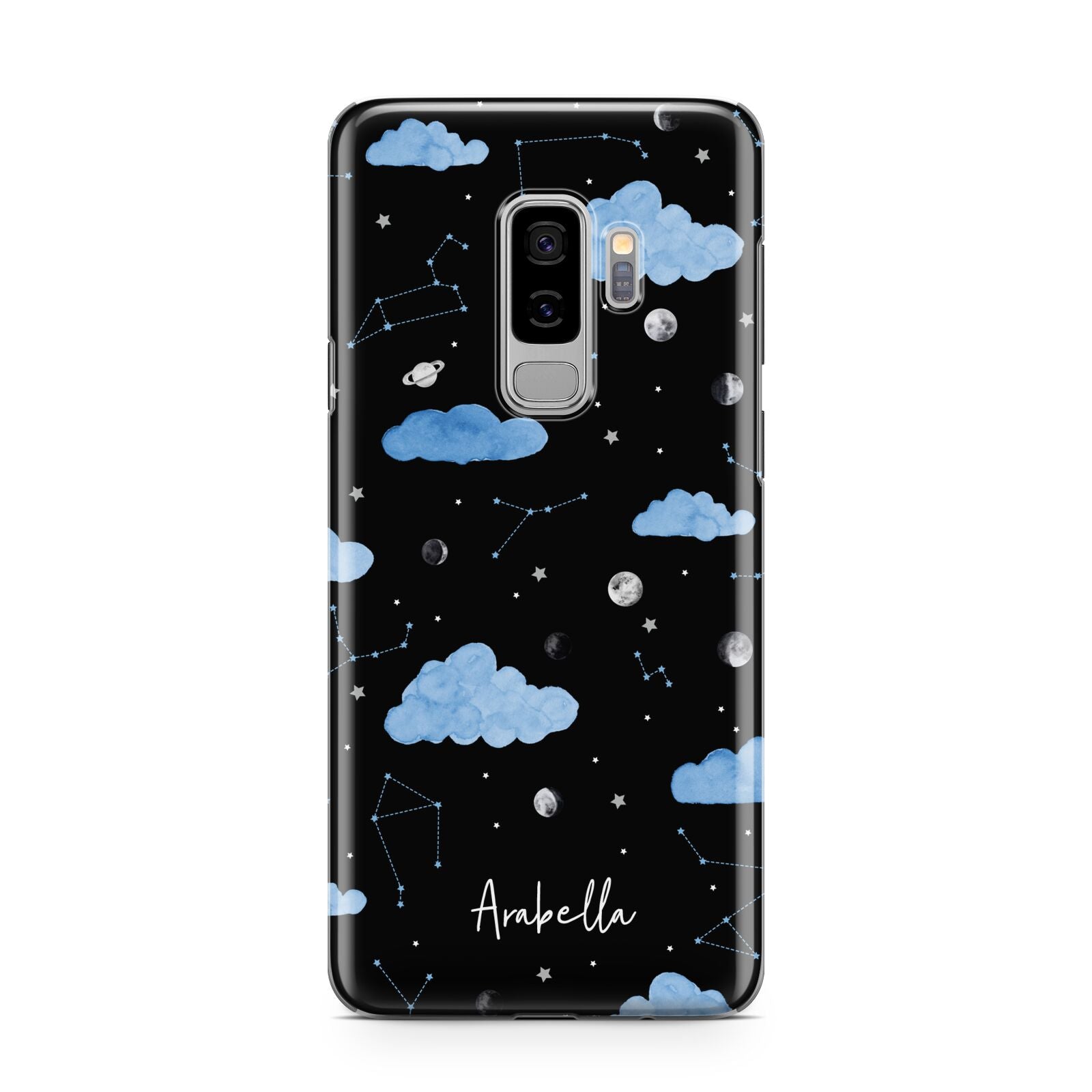 Cloudy Night Sky with Name Samsung Galaxy S9 Plus Case on Silver phone